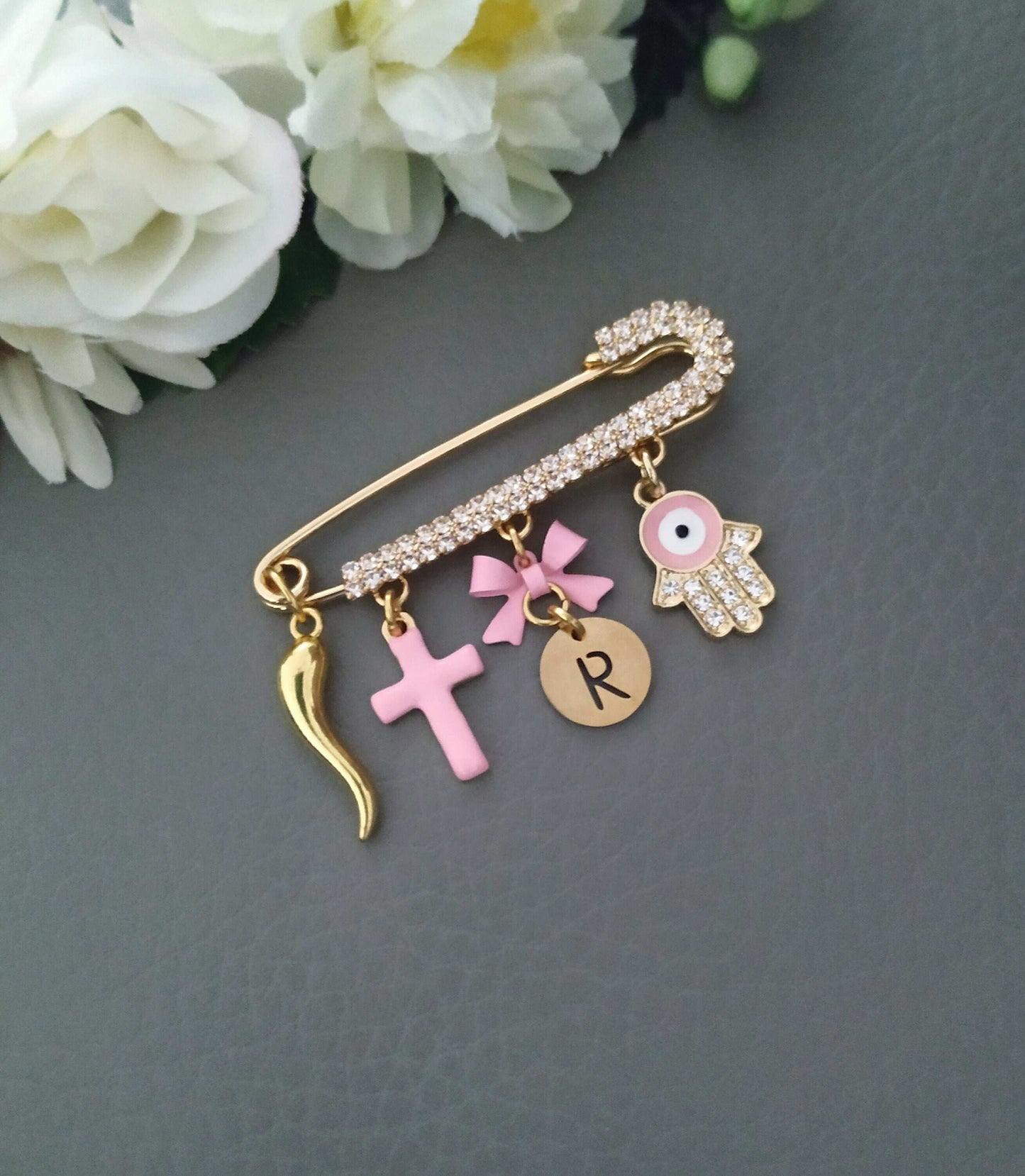 Italian Horn Pin, Cornicello Protection Good Luck Charms Brooch, Spilla Bambino