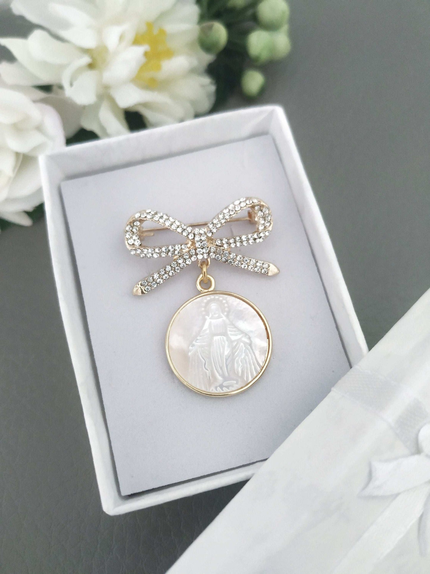 Gold Miraculous Medal Brooch Pin with crystal bowknot
