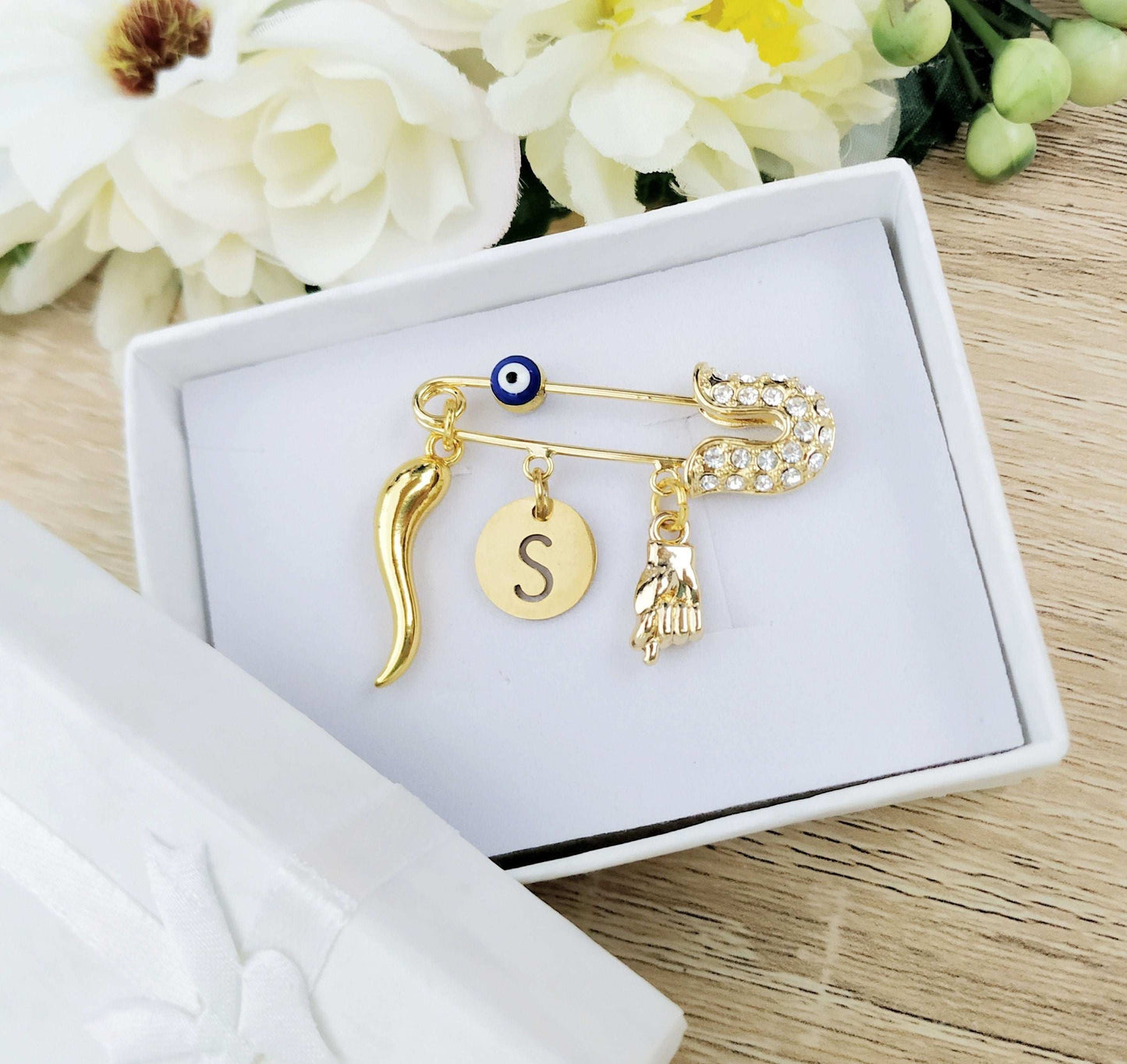 Italian Horn and Figa Charm Pin Brooch, Personalized Protection for Baby or Adult