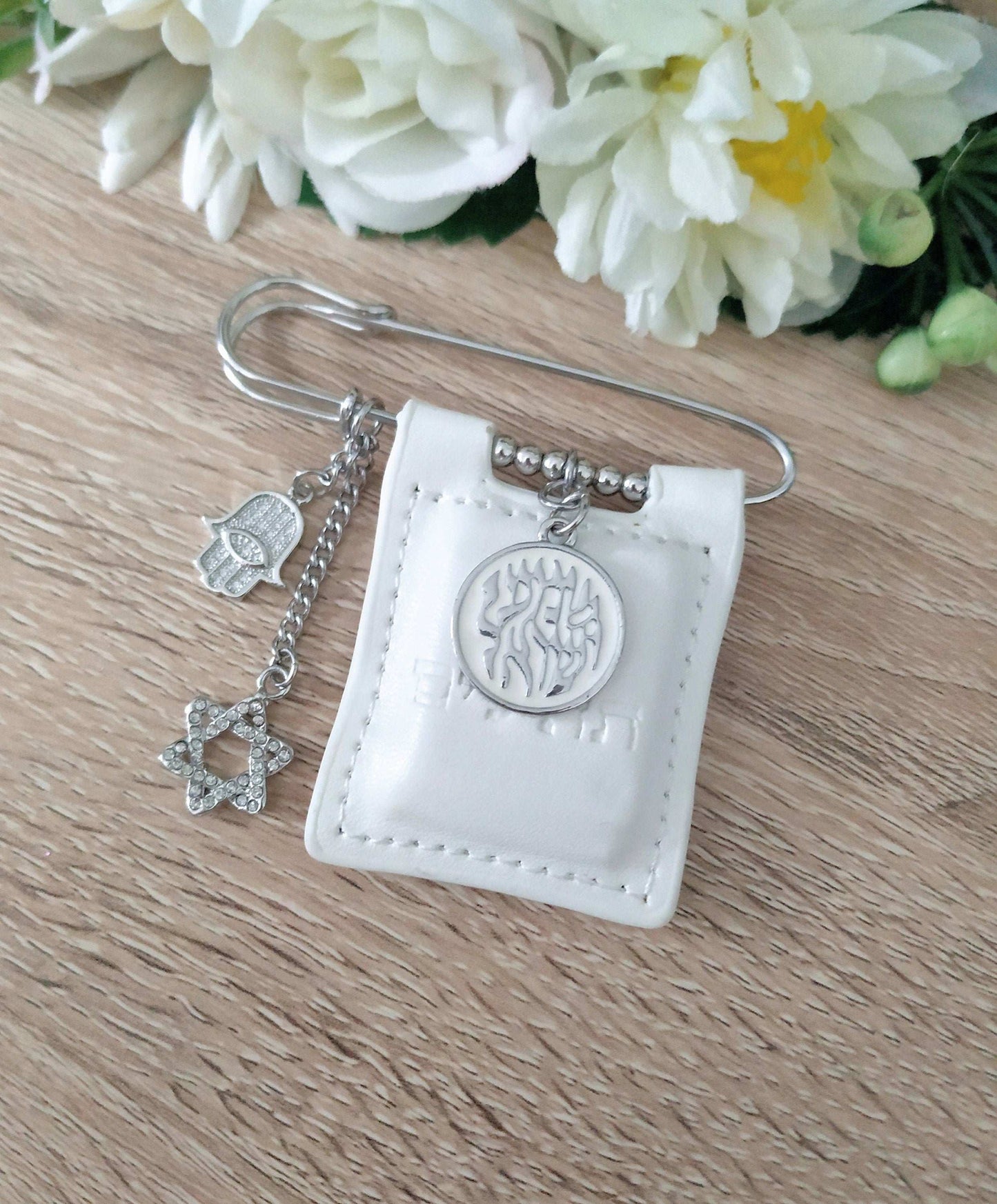 White Leather Tehillim Jewish Stroller Pin,Shema Yisrael Judaica Jewelry