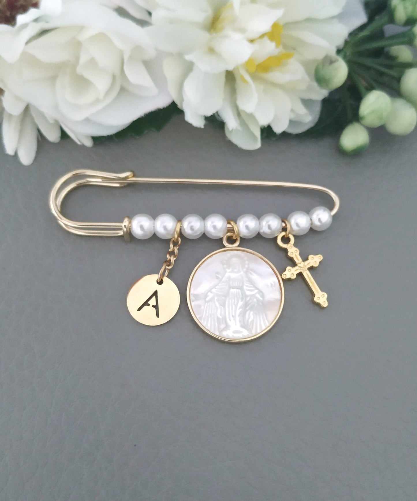 Baptism Pearl Pin with Virgin Mary Medal and Cross Charms, Christening Gender Neutral Gift