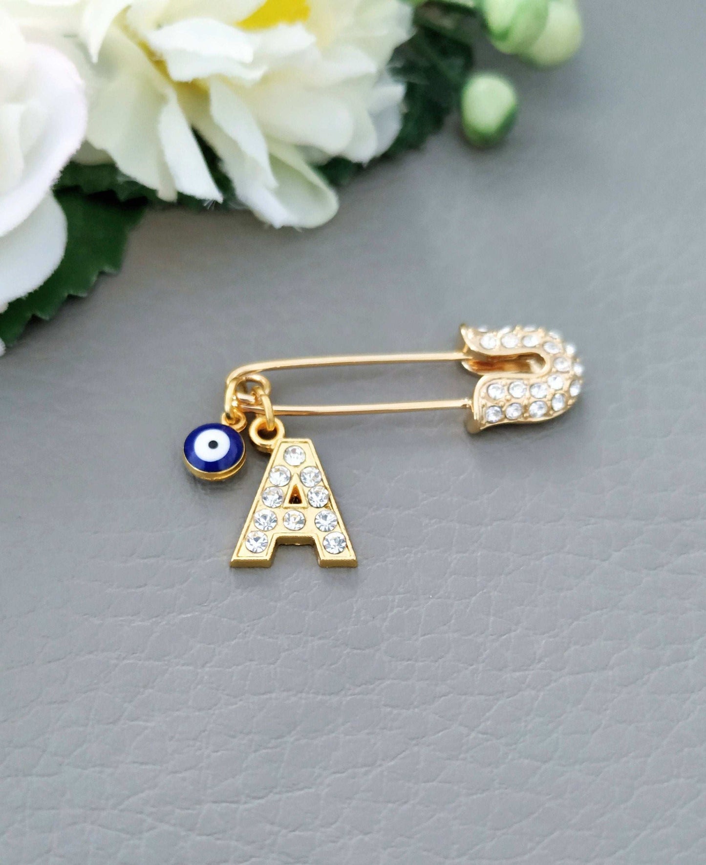 Personalized Evil Eye Pin, Gold Plated Paved Initial, Protection for Babies or Adults