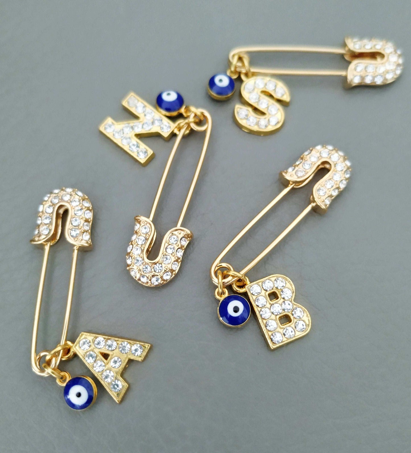 Personalized Evil Eye Pin, Gold Plated Paved Initial, Protection for Babies or Adults