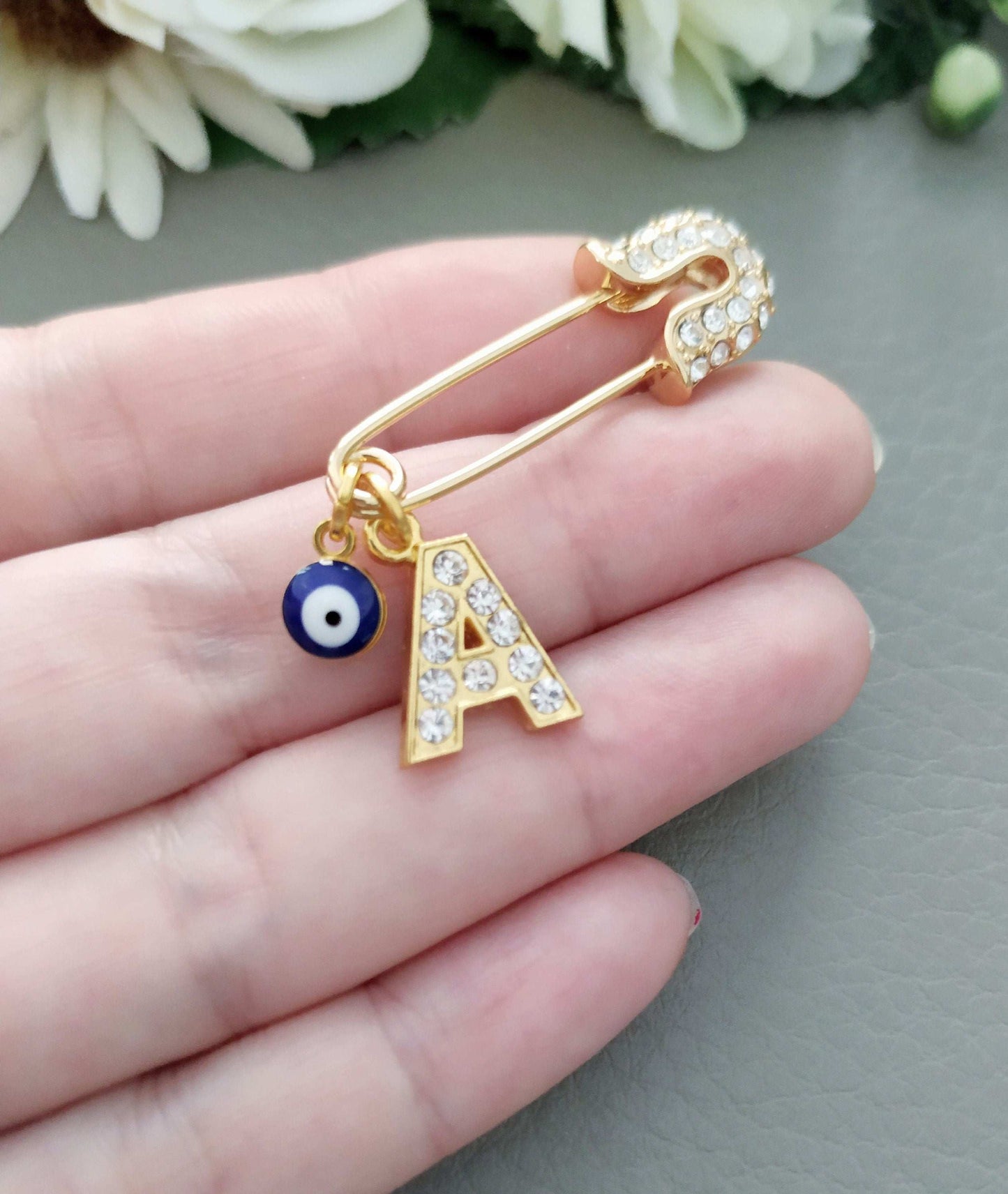 Personalized Evil Eye Pin, Gold Plated Paved Initial, Protection for Babies or Adults