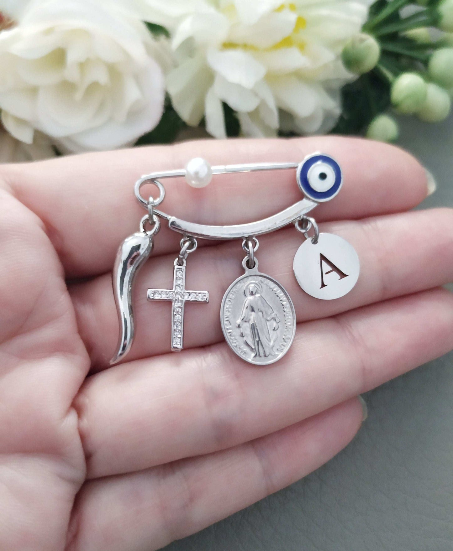 Spilla da Balia Bambini, Silver Italy Horn Charm, Italian Baby Gifts, Personalized Stroller Pin, Madonna, Cornicello, Malocchio