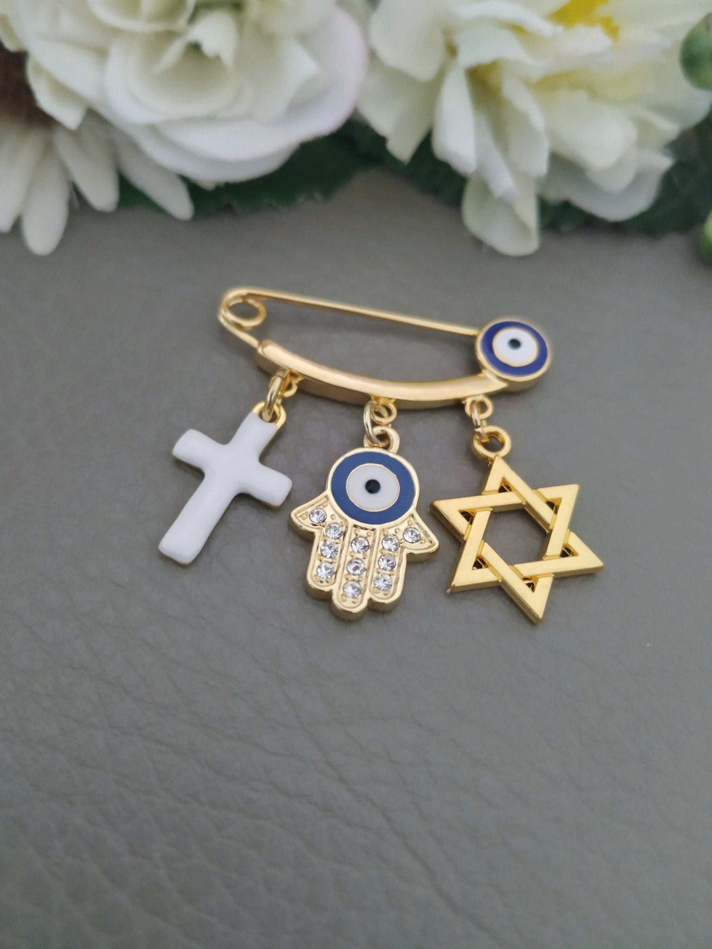 Interfaith Pin, Cross and Star of David Jewelry, Gold Messianic Jewelry
