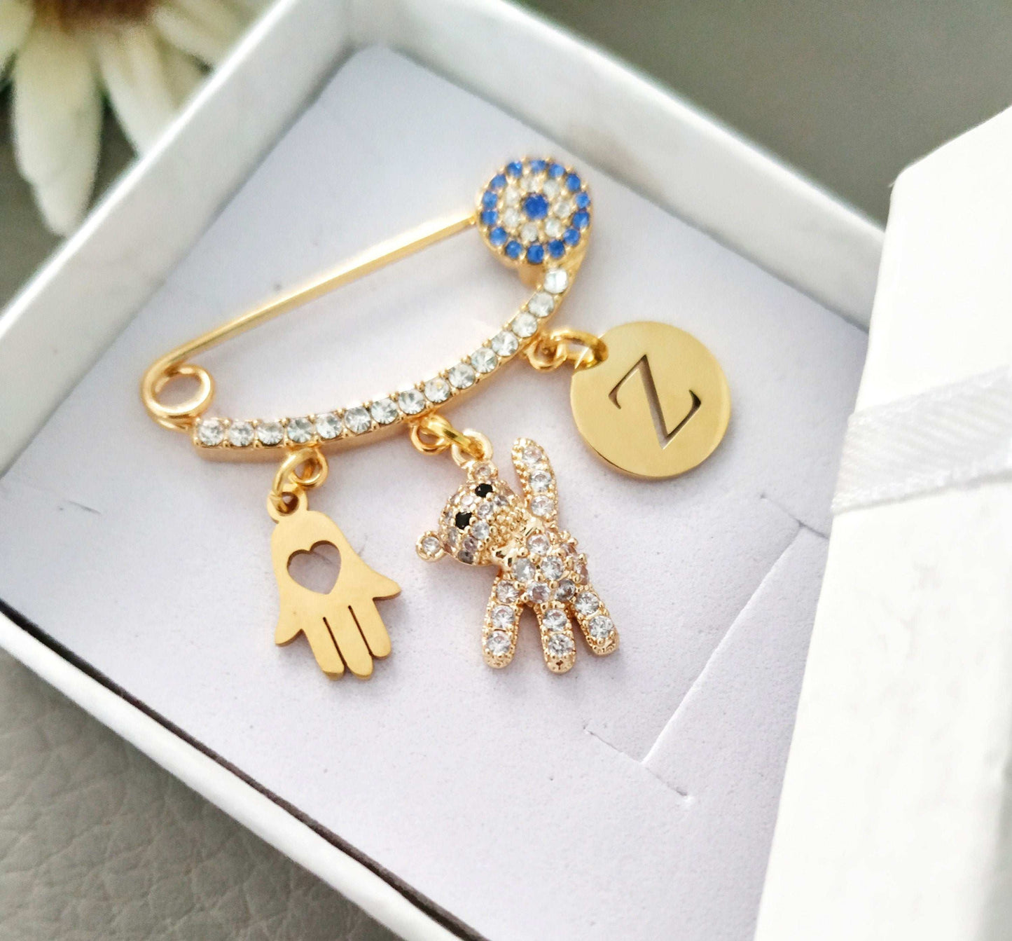 Bespoke Baby Pin with cute Teddy Bear, Evil Eye Protection for babies