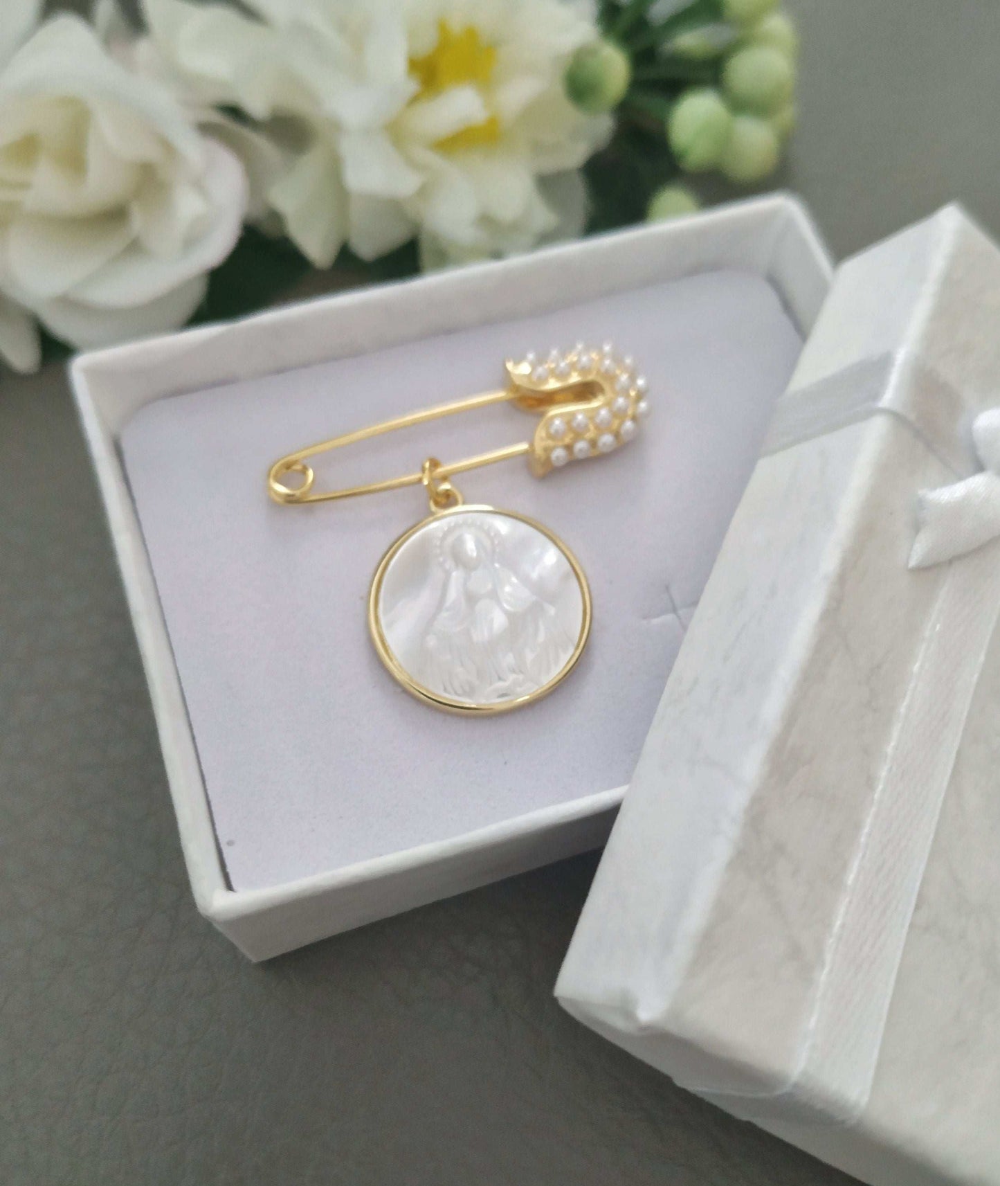 Fancy Baptism Brooch with Mother of Pearl Virgin Mary, Christening Gift for Boy or Girl