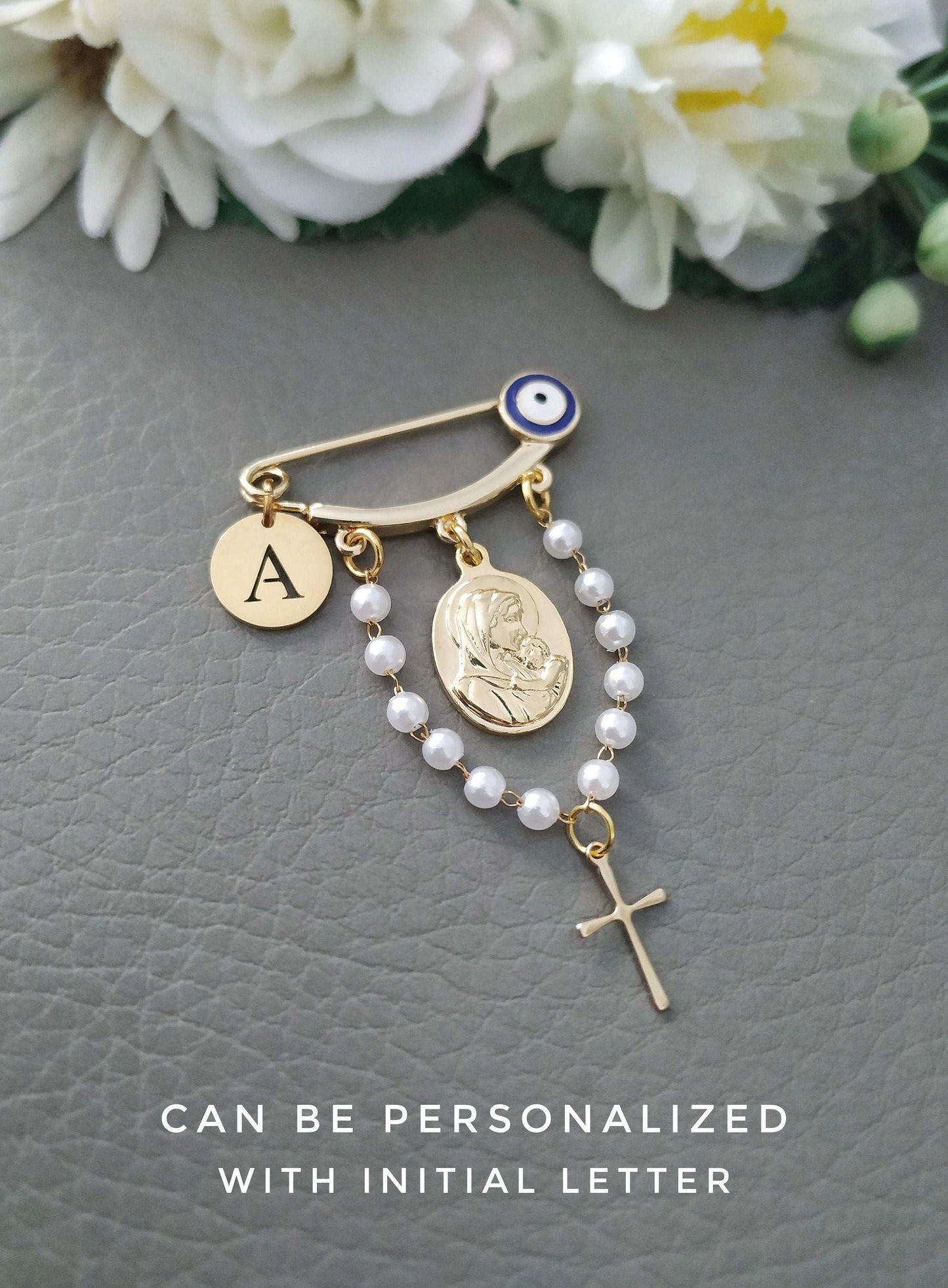 Elegant Baptism Rosary Pin with Mother Mary charm, Christening Unisex gift jewelry