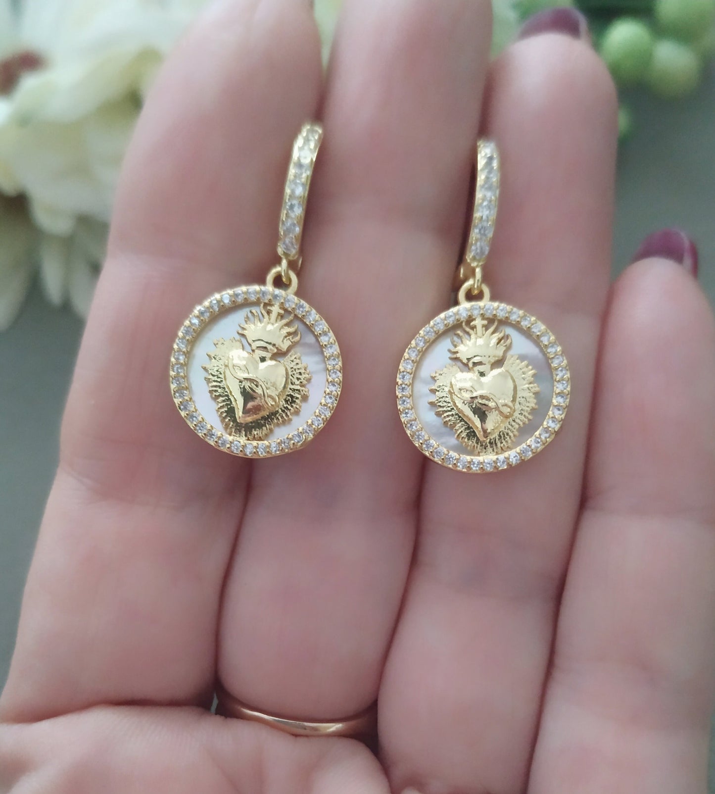 Sacred Heart Hoops, Dainty Catholic Earrings, Mother of Pearl with Zircons