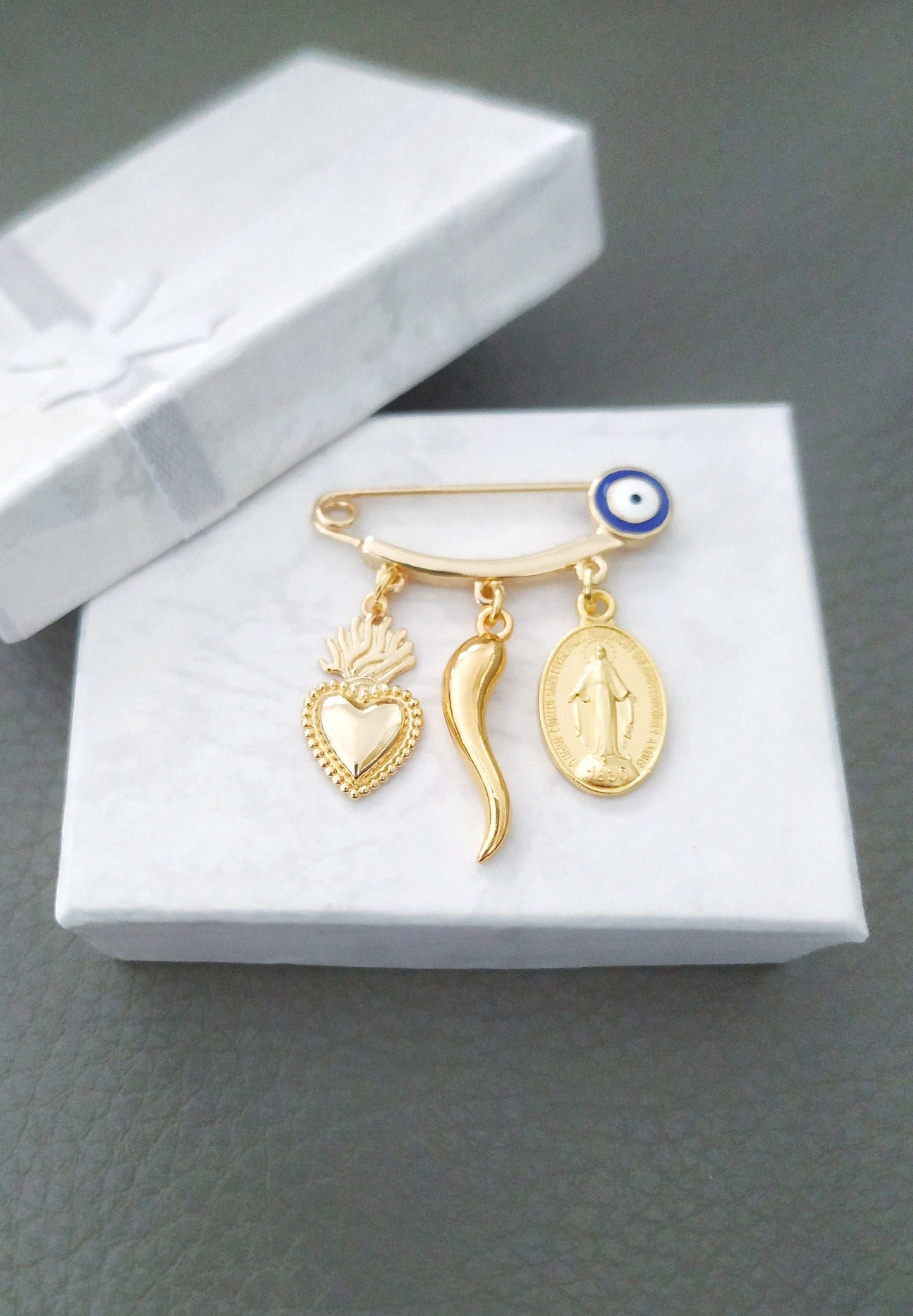 Sacred Heart Pin, Italian Horn Charm, Malocchio Brooch, Italy Gifts