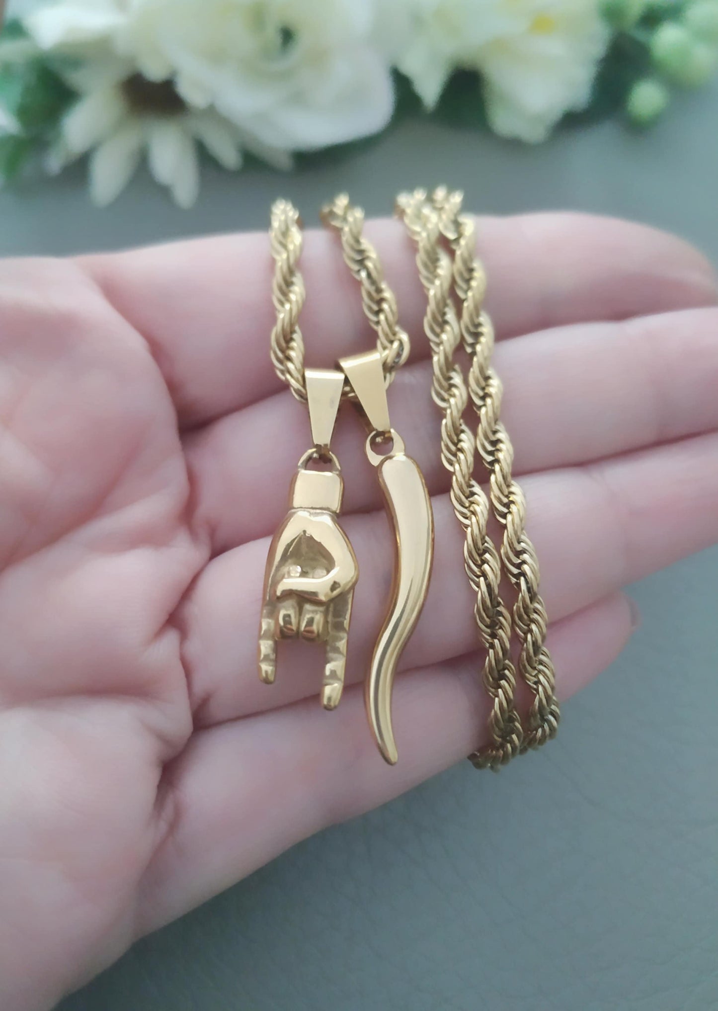 Italian Horn Necklace For Men, Rope Chain, Lucky Jewelry