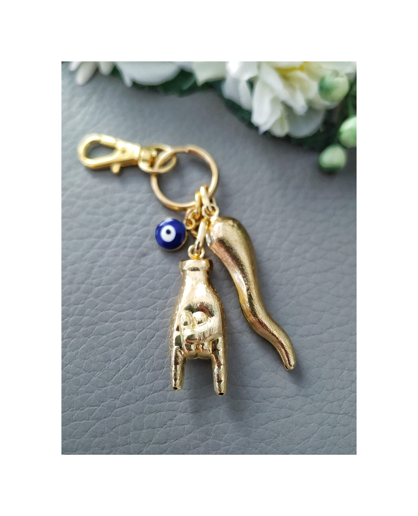 Italian Horn Keychain, Gold Maloik Hand, Mano Cornuta Bag Charm, Lucky Scaramanzia