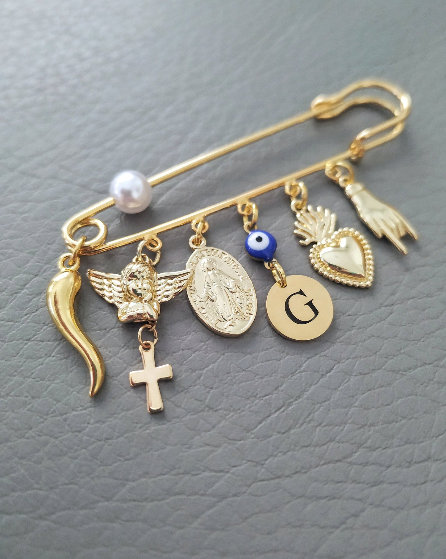Personalized Gold Italian Horn Ex Voto Pin, Virgin Mary, Angel Charms, Italian Souvenir, Kids gifts