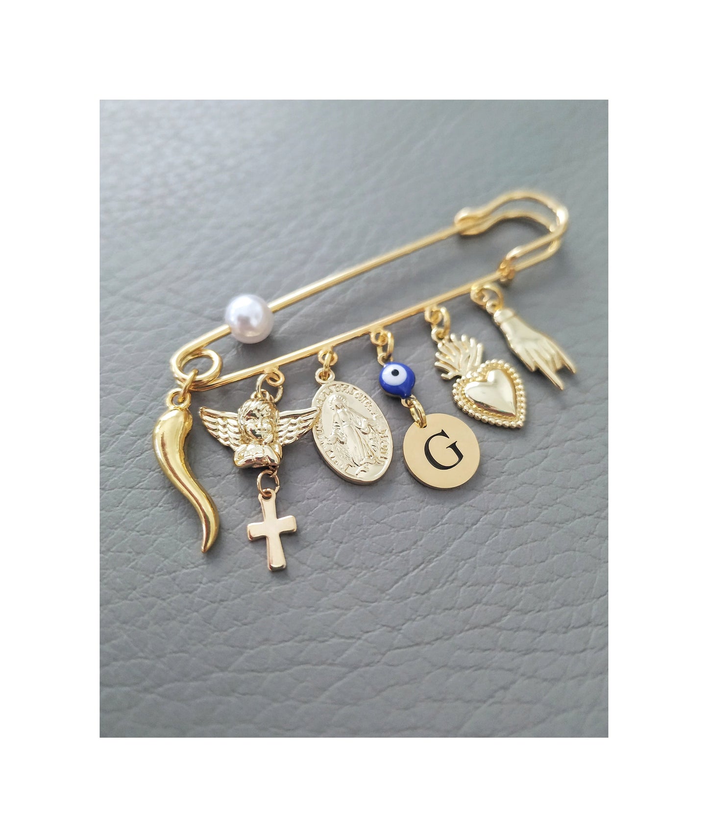 Personalized Gold Italian Horn Ex Voto Pin, Virgin Mary, Angel Charms, Italian Souvenir, Kids gifts