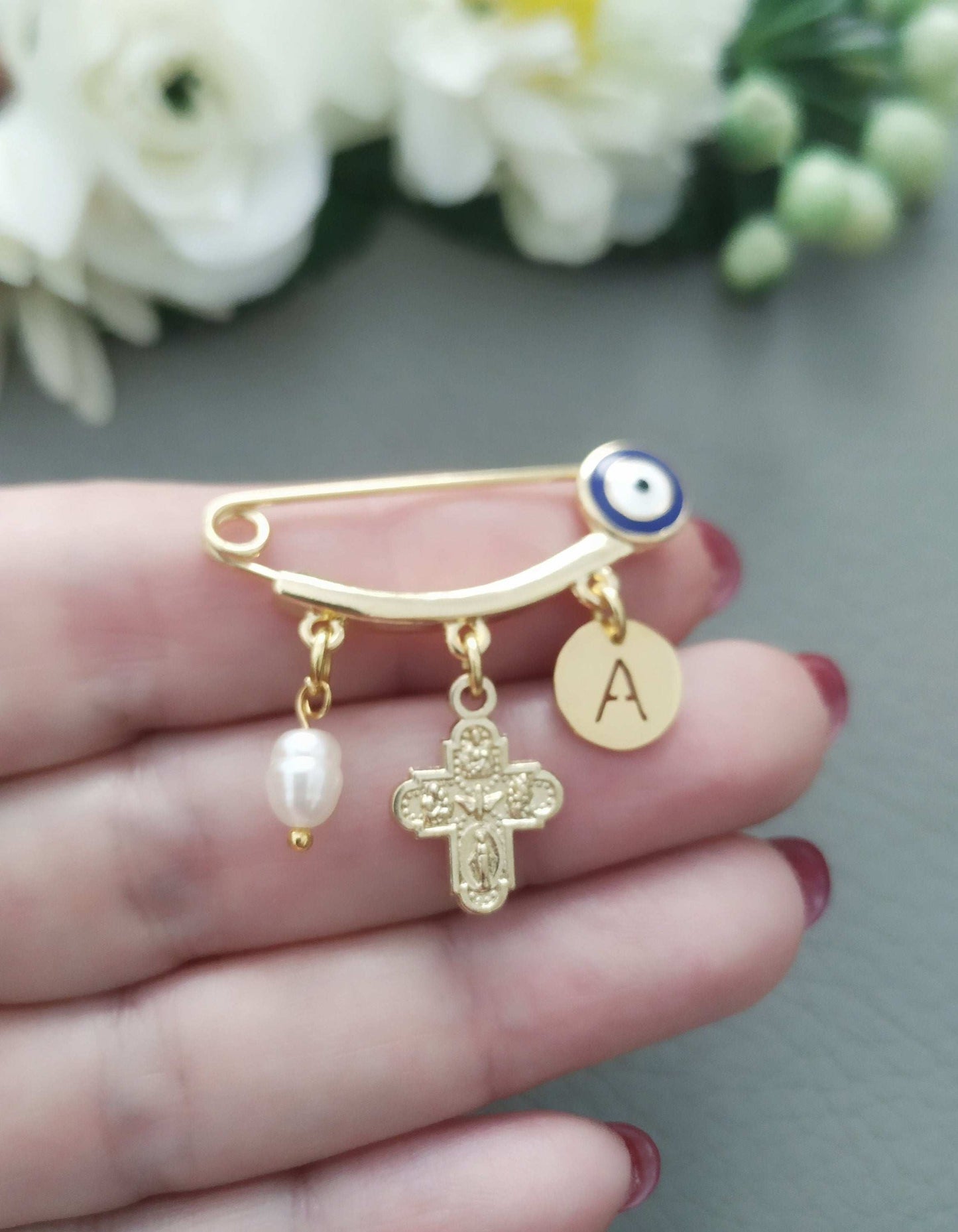 Personalized 4 Way Medal Pins, Evil Eye Baby Brooch, Baptism Jewelry Gifts