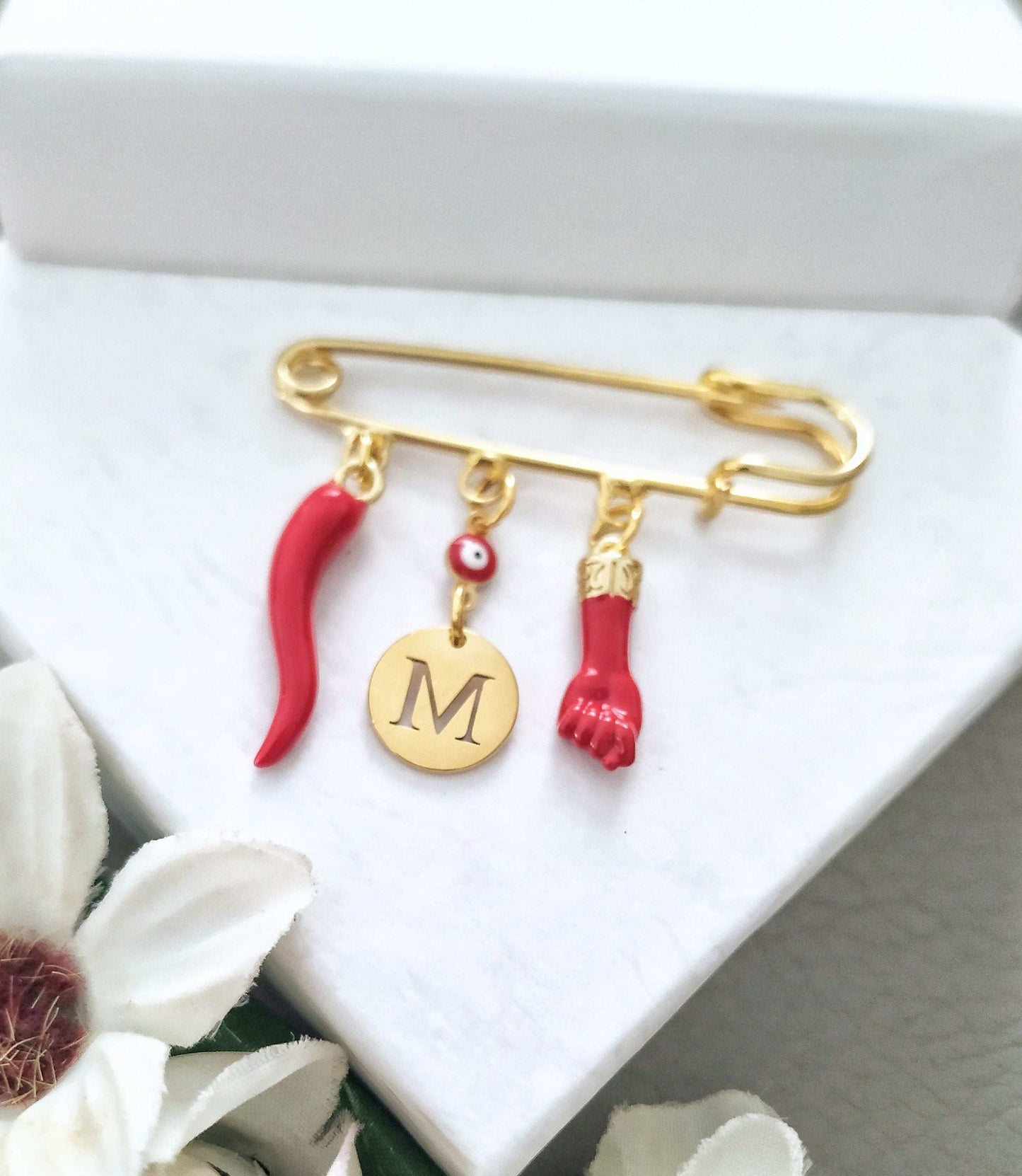 Italian Horn Charm Pin, Personalized Brooch, Lucky Figa Jewelry for Kids or Adults