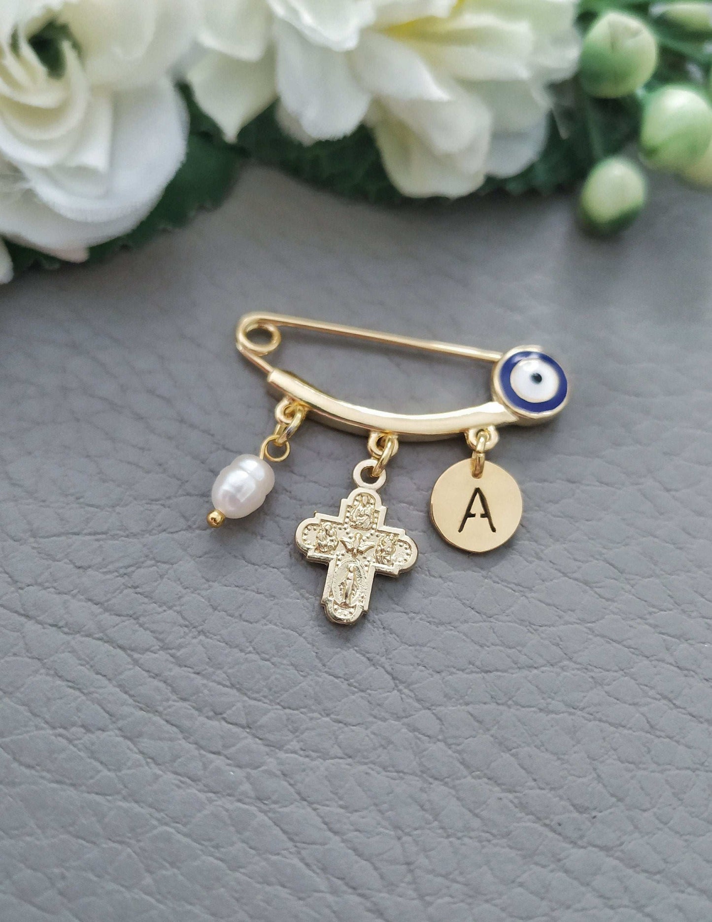 Personalized 4 Way Medal Pins, Evil Eye Baby Brooch, Baptism Jewelry Gifts