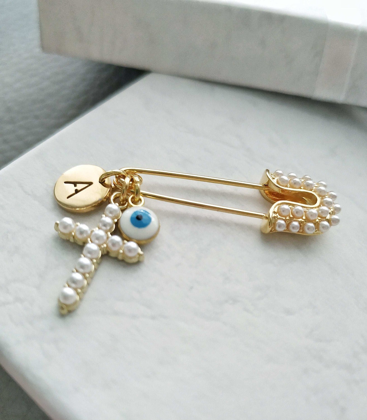 Personalized Baby Pin, Evil Eye Crib Brooch, Pearl Cross Charm