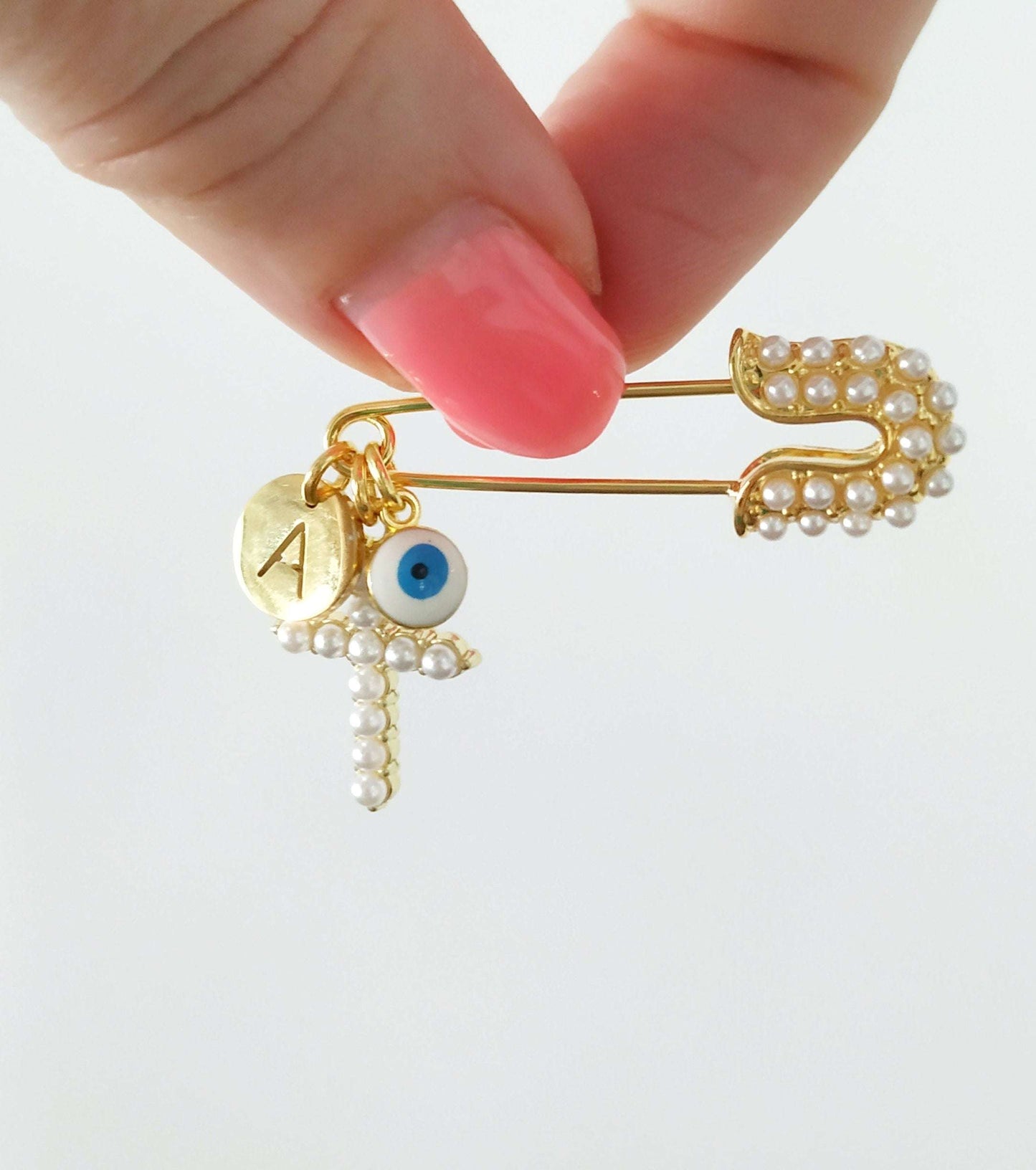 Custom Pearl Cross Safety Pin