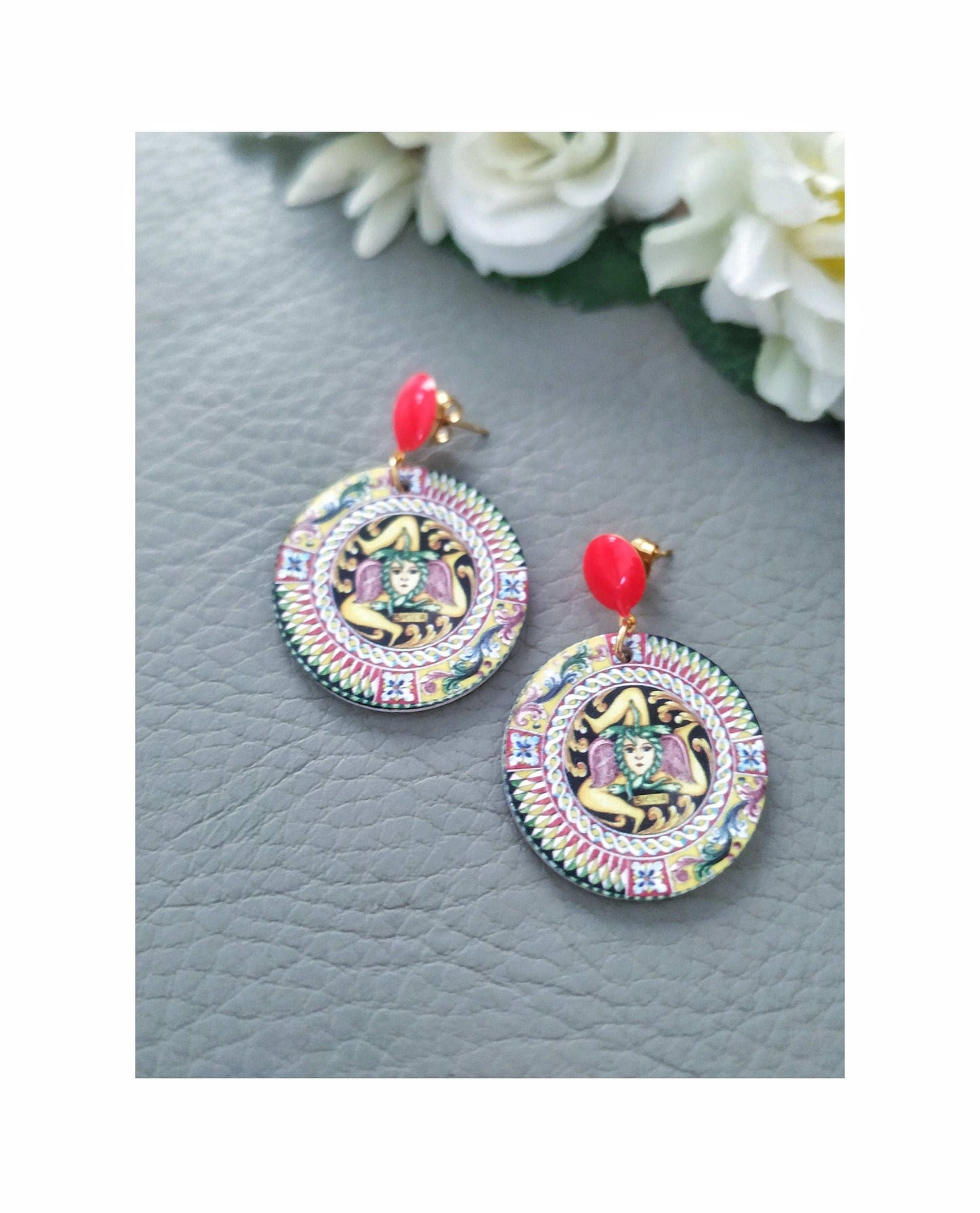 Vintage Style Trinacria Earrings, Large Sicilian Traditional Jewelry, Italian Gifts