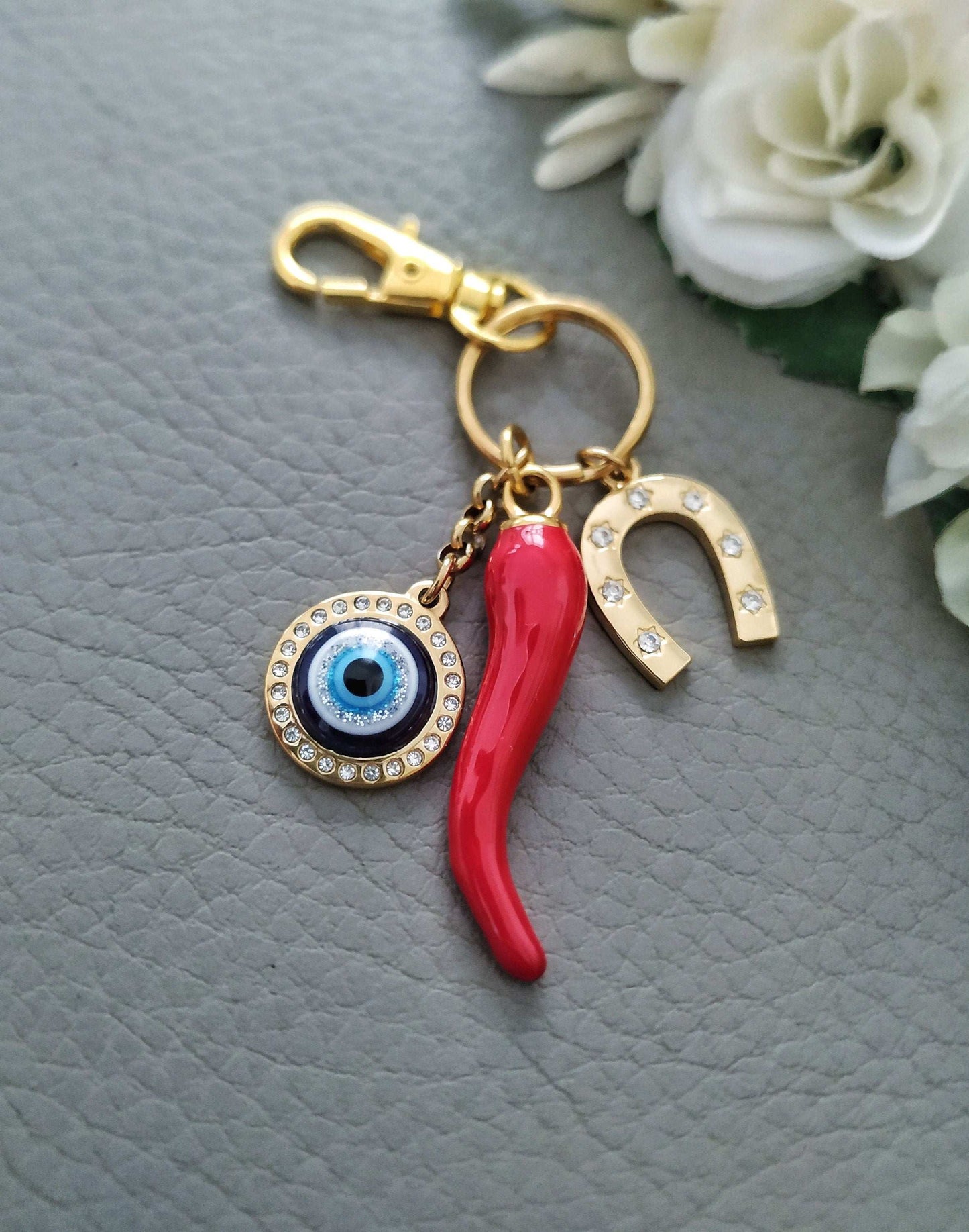 Red Cornicello Keychain, Malocchio Evil Eye Amulet