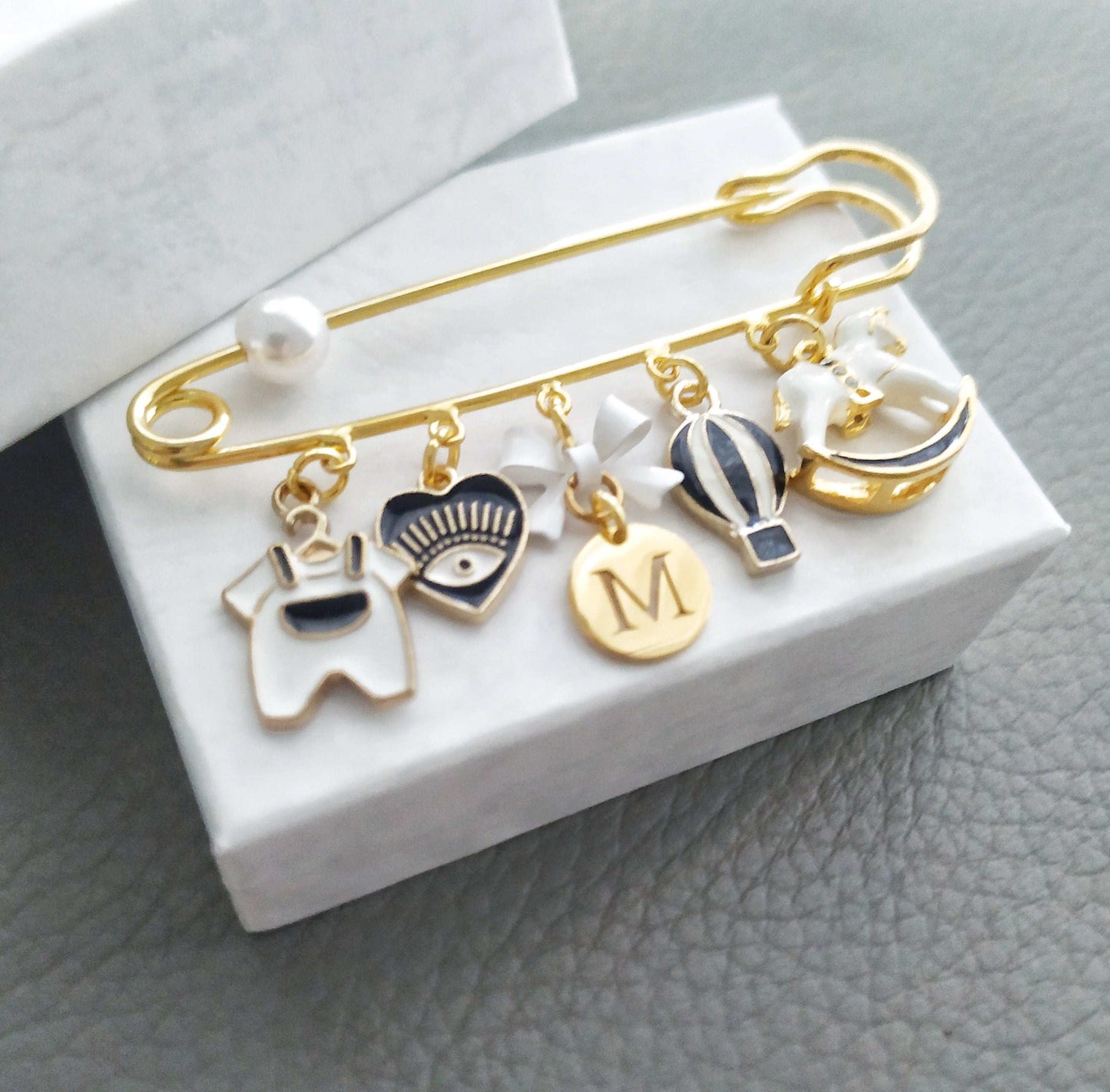 Evil Eye Baby Safety Pin, Black White Unisex Personalized Stroller Brooch