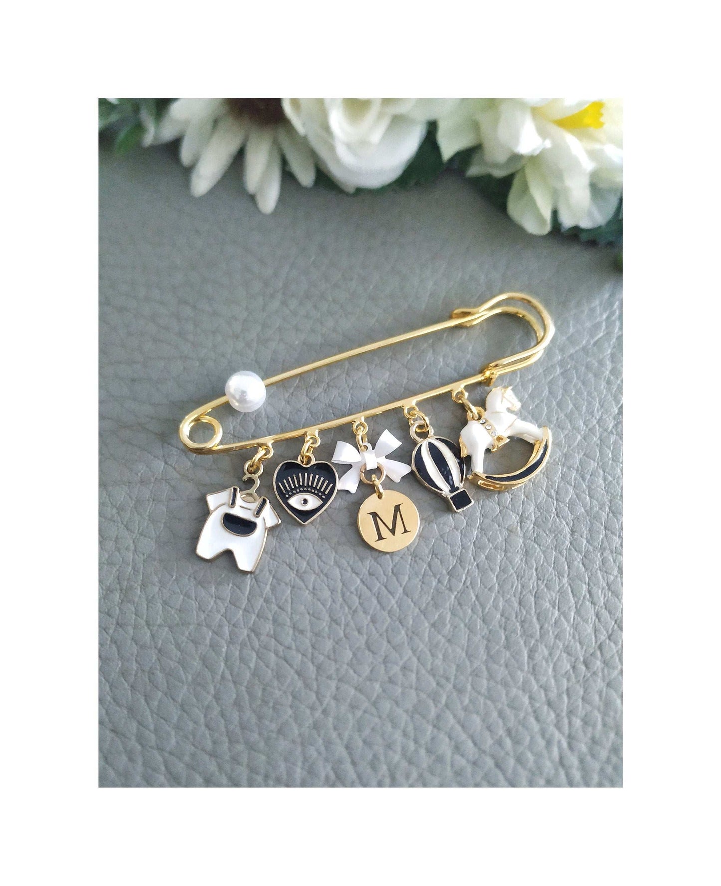 Evil Eye Baby Safety Pin, Black White Unisex Personalized Stroller Brooch