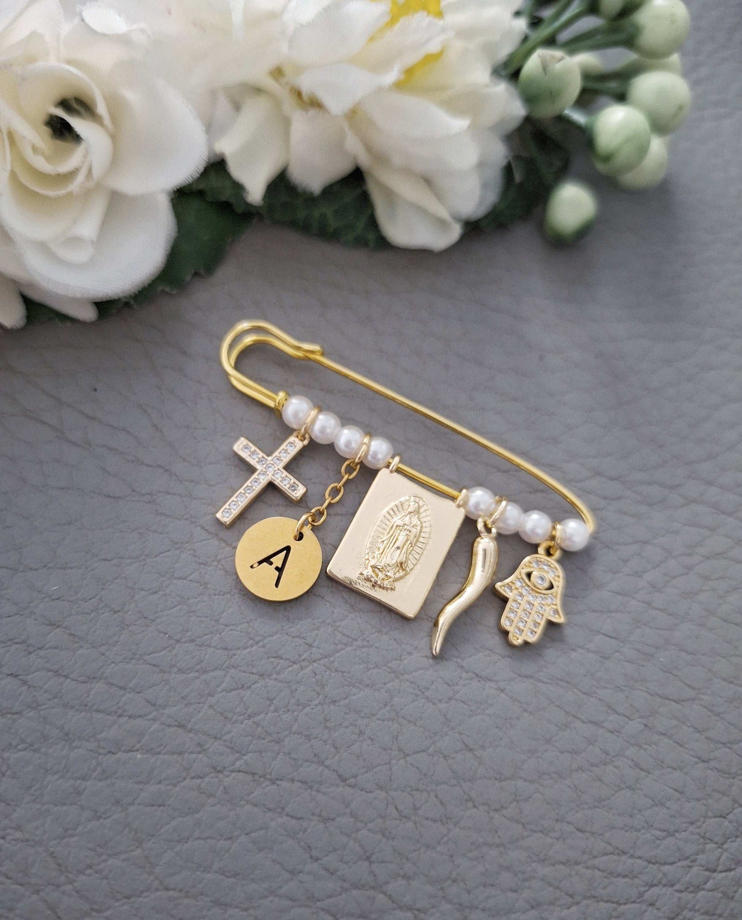 Guadalupe Safety Pin with Italian Horn, Cross, Blessed Mother Charms