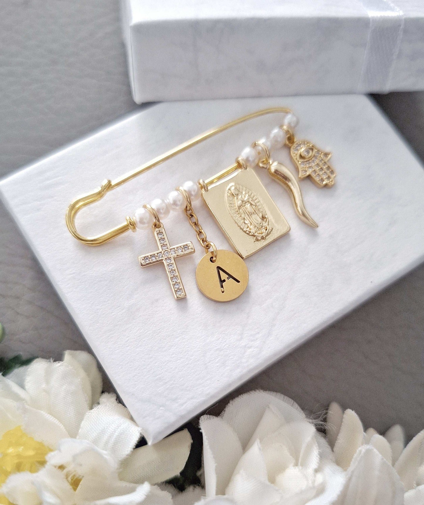 Guadalupe Safety Pin with Italian Horn, Cross, Blessed Mother Charms