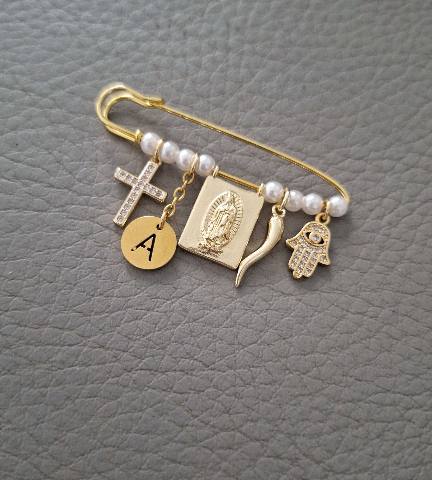 Guadalupe Safety Pin with Italian Horn, Cross, Blessed Mother Charms