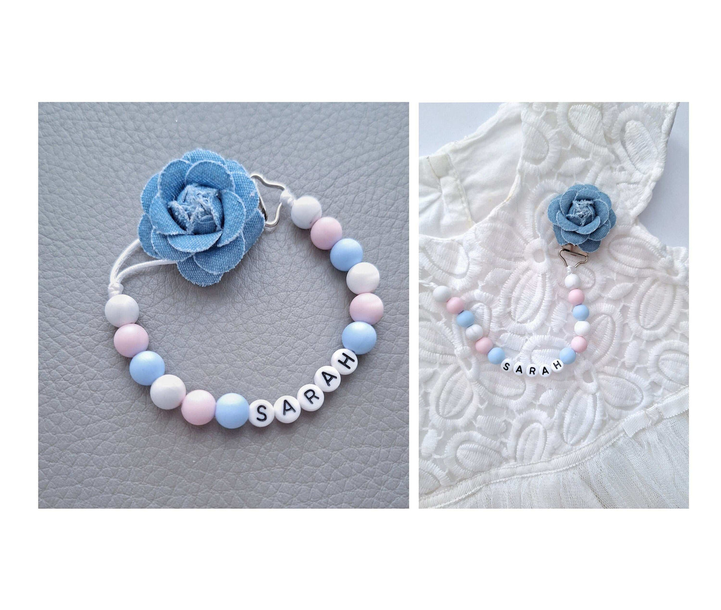 DENIM Flower Pacifier Clip, Personalized Dummy Holder