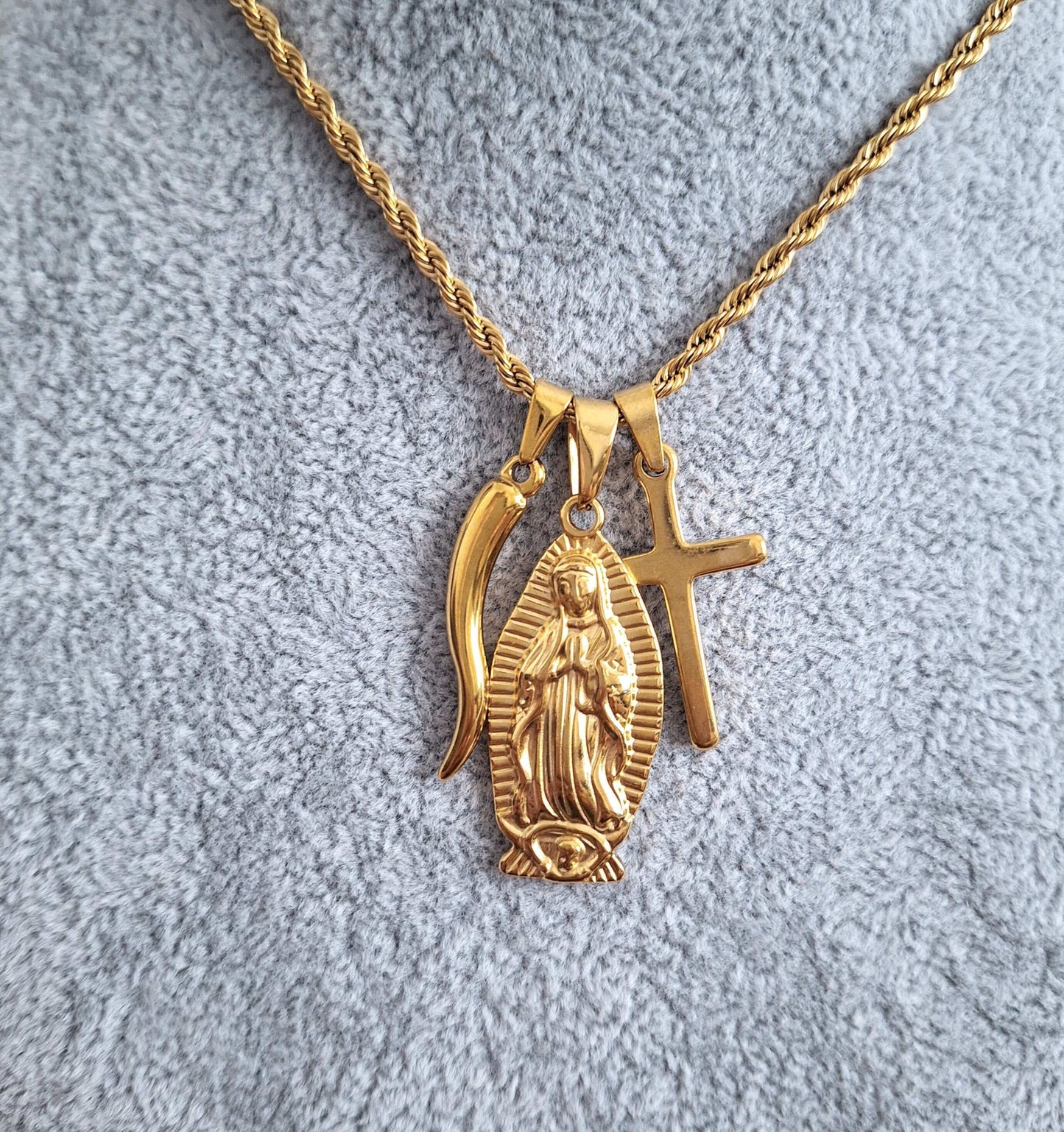 Italian Men Necklace, 18K Gold Steel Madonna Pendant, Large Cornicello Charm, Rope Chain, Scaramanzia Gift Man