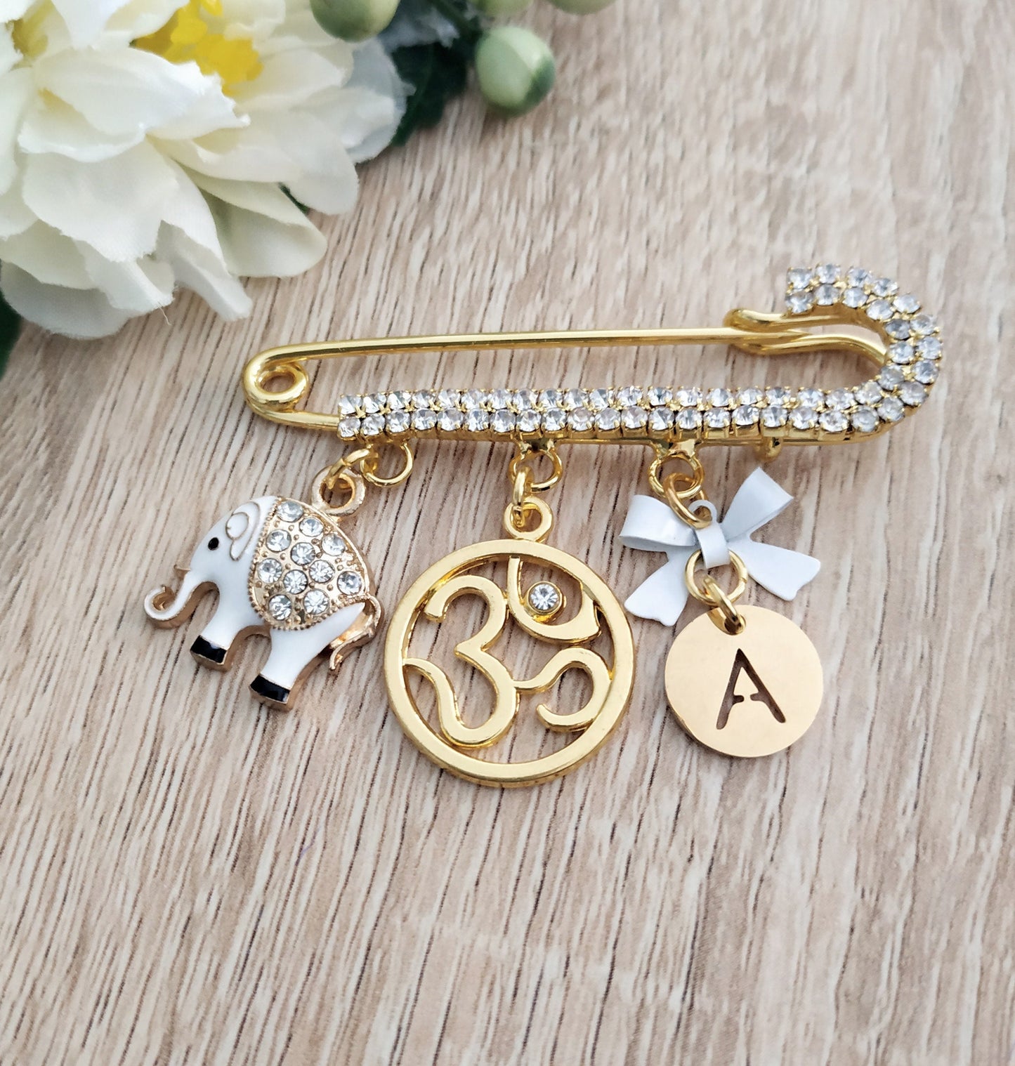 Good Luck Elephant Jewelry, Gold Ohm Charm Lucky Elephant Pendant Pin, Hindu Jewelry, Personalized Elephant Pin Brooch