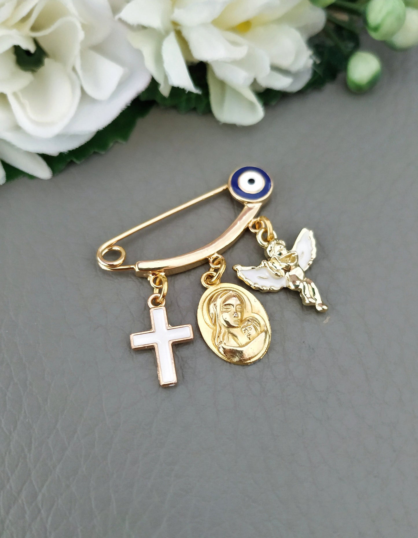 Gold Virgin Mary Angel Cross Baby Safety Pin Boy Girl Baptism Medallion, Evil Eye Protection for Babies Guardian Angel Baby Pin Baptism Gift