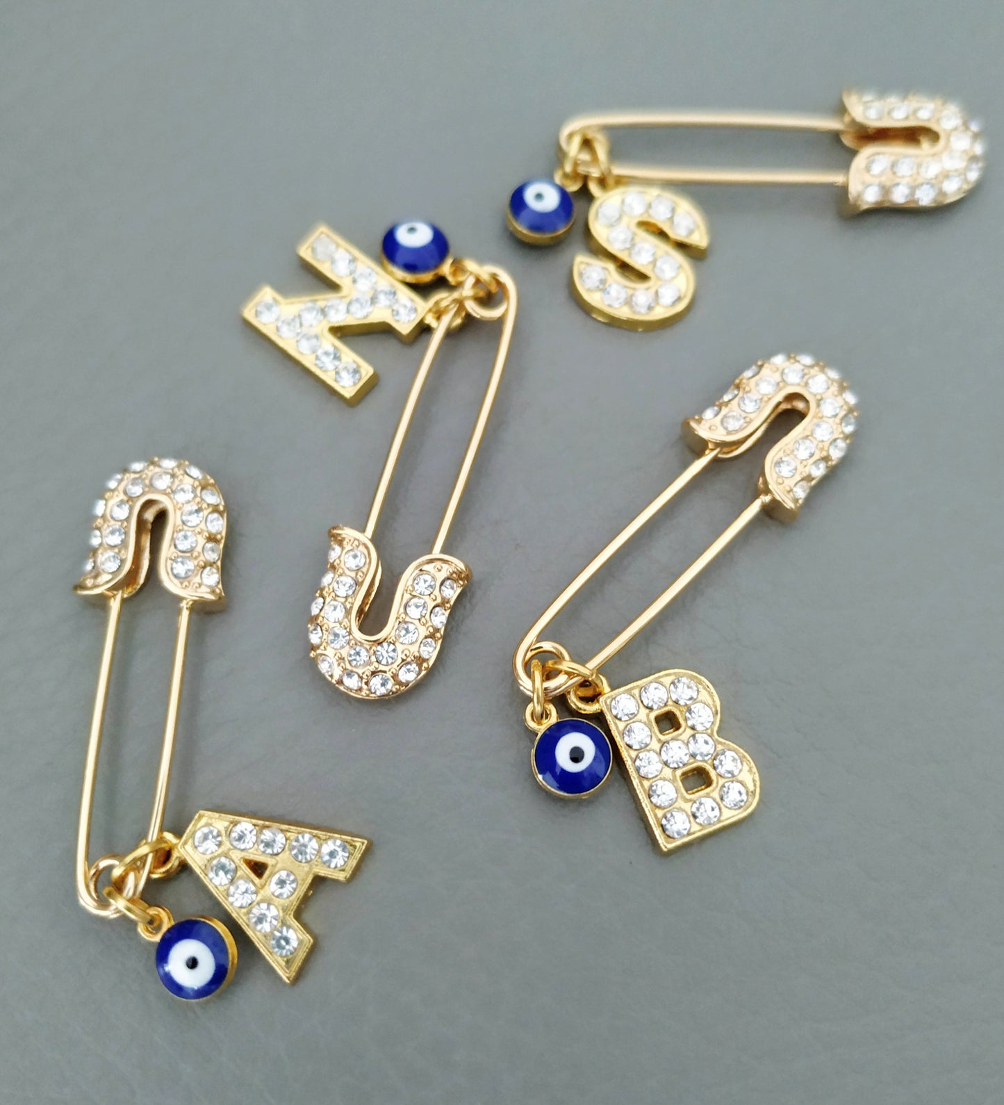 Evil Eye Pin, Personalized Initial Pin, Custom Evil Eye Safety Pin, Personalized Baby Gift, Small Gold Baby Pin, Protection for Babies