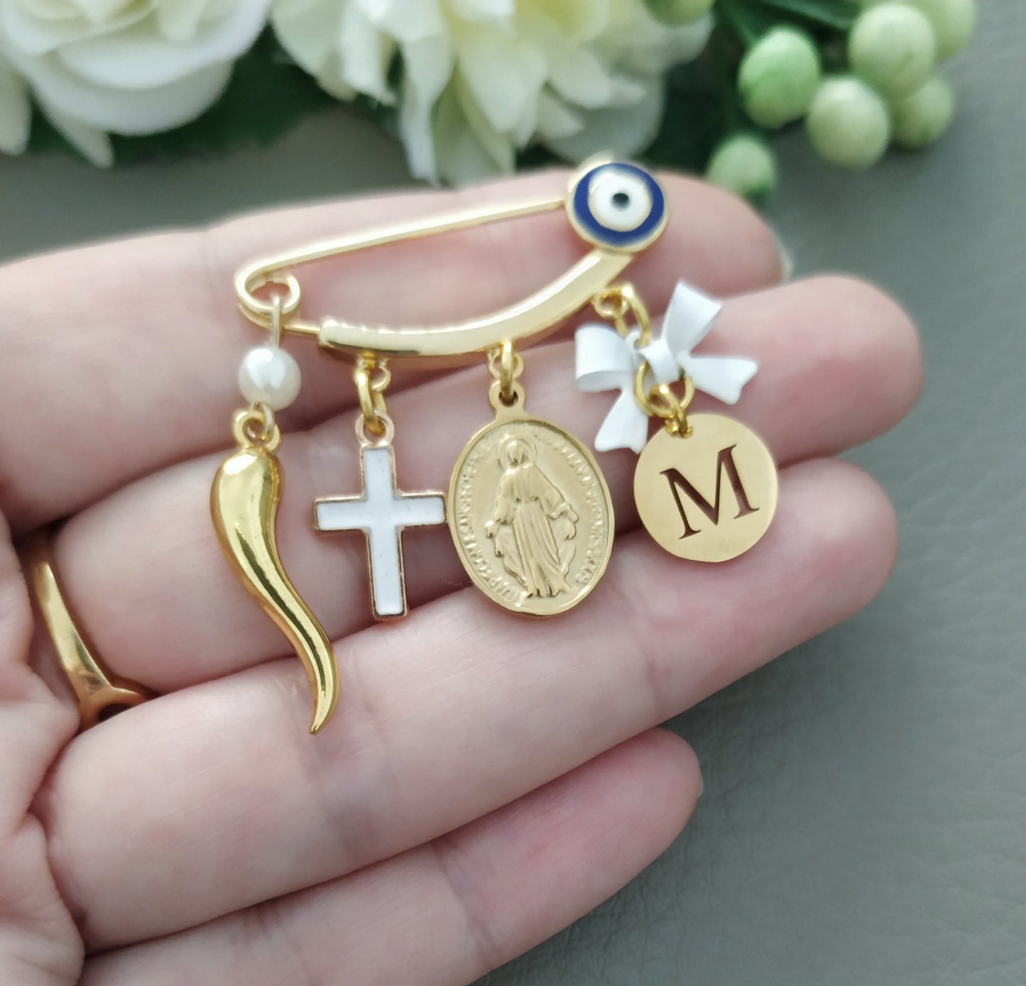 Personalized Baby Pin, Gold Italian Horn Safety Pin, Virgin Mary Cross Baby Pin, Stroller Pin Gender Neutral, Italian Horn Cornicello