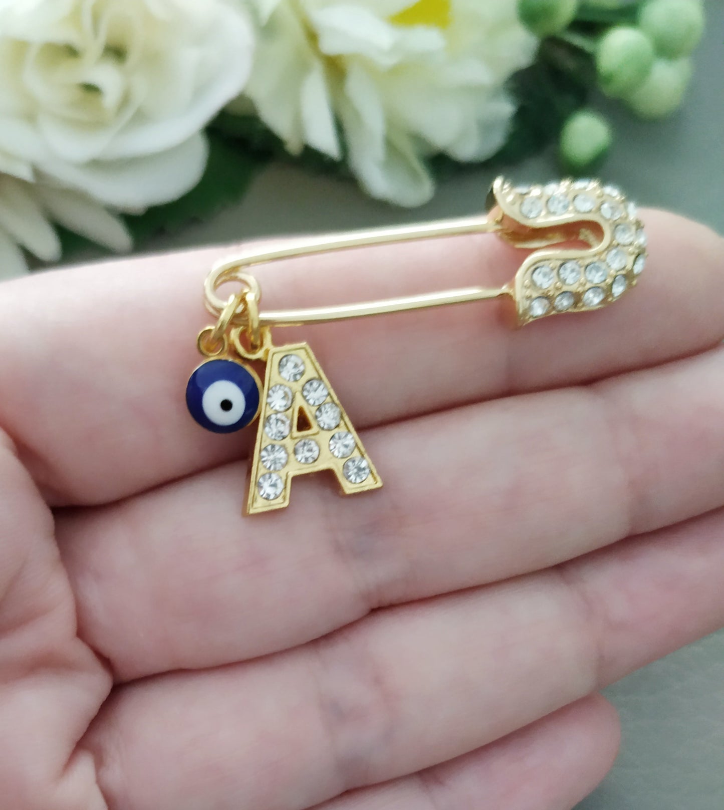 Evil Eye Pin, Custom Evil Eye Safety Pin, Personalized Gift, Small Gold Baby Pin, Protection for Babies or Adults