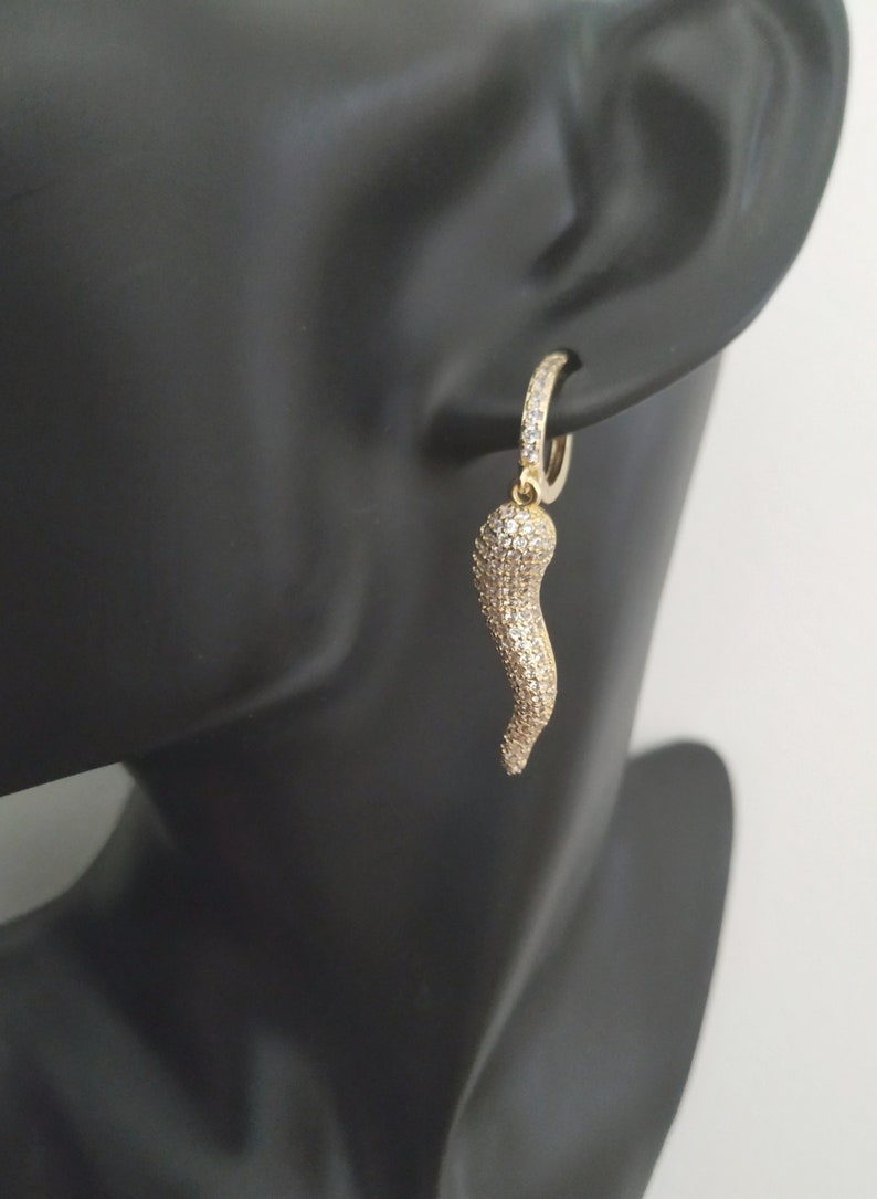 Gold Large Cornicello sparkle earrings, Italian good luck jewelry