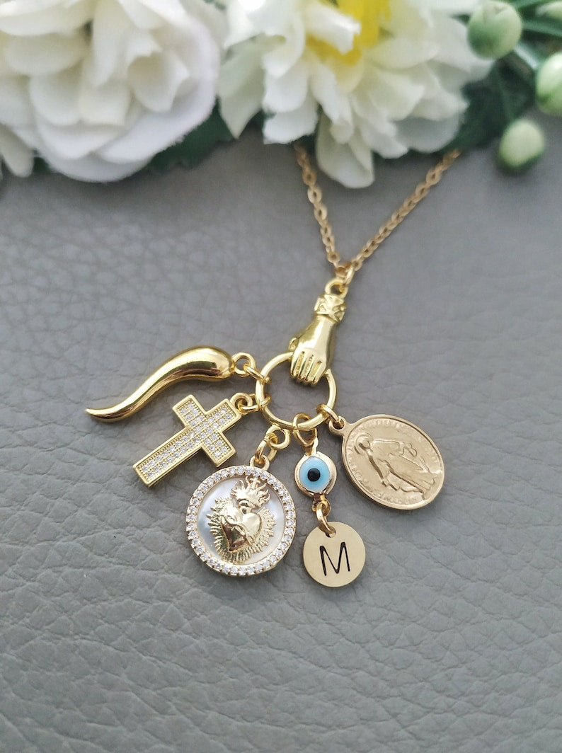 Personalized Italian Horn and Evil Eye Necklace, golden necklace with sacred heart, Blessed mother charms and protective amulets