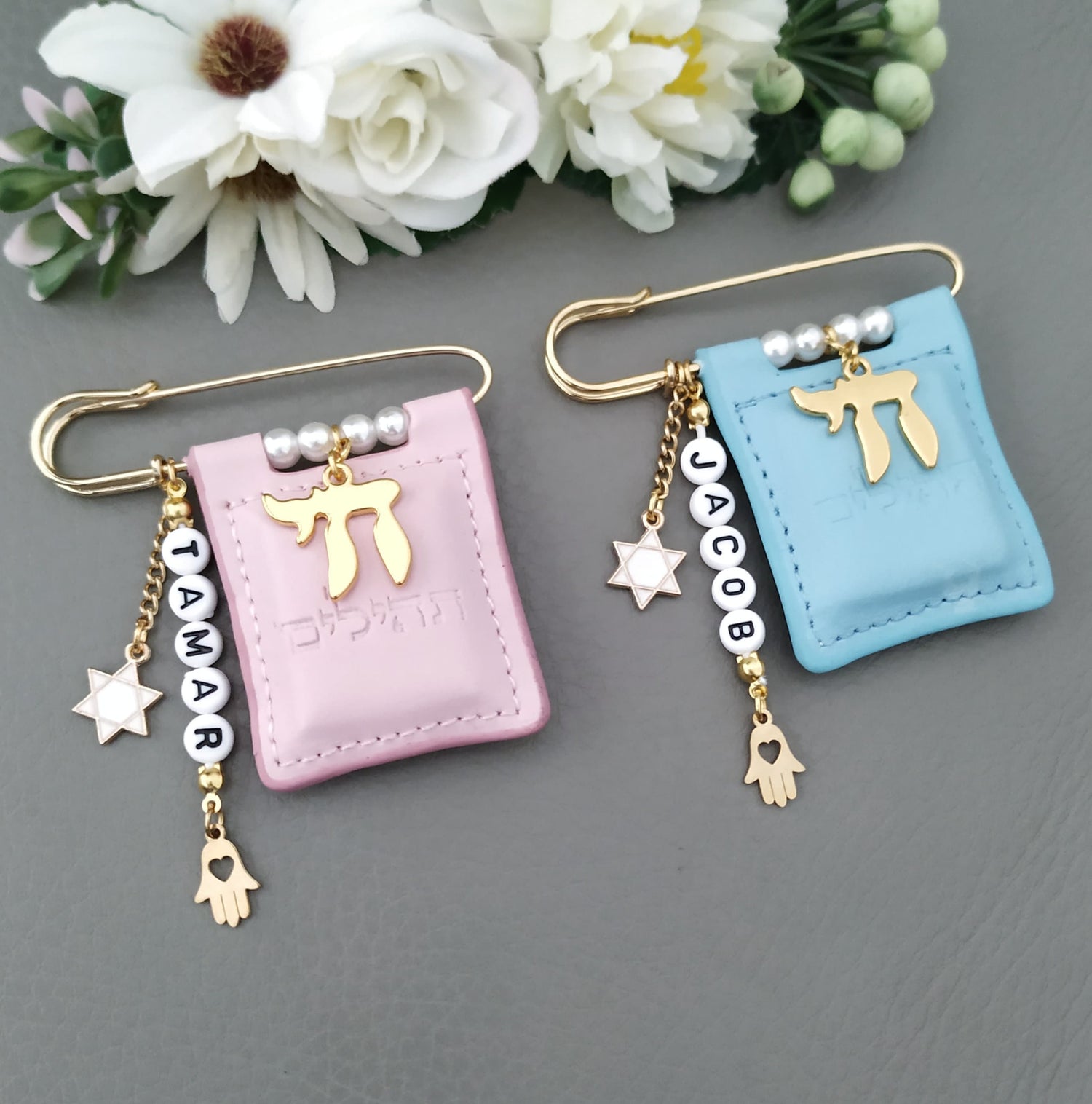 Jewish jewelry and accessories personalized with name or initial, Star of David, Chai charms