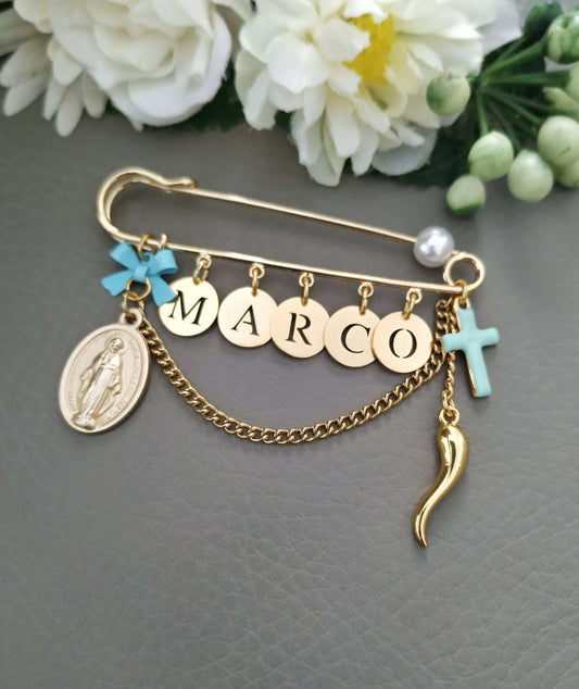 gold Baby Name Italian Horn Safety Pin
