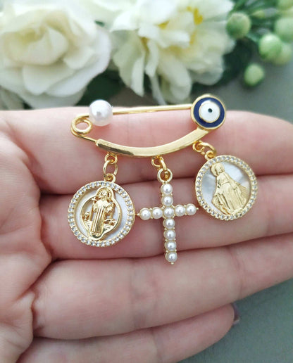 Catholic Baby Pin, Cross Virgin Mary & Saint Benedict Jewelry