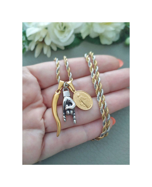 Dual Tone Cornicello Men Necklace, Italian lucky charms protection jewelry