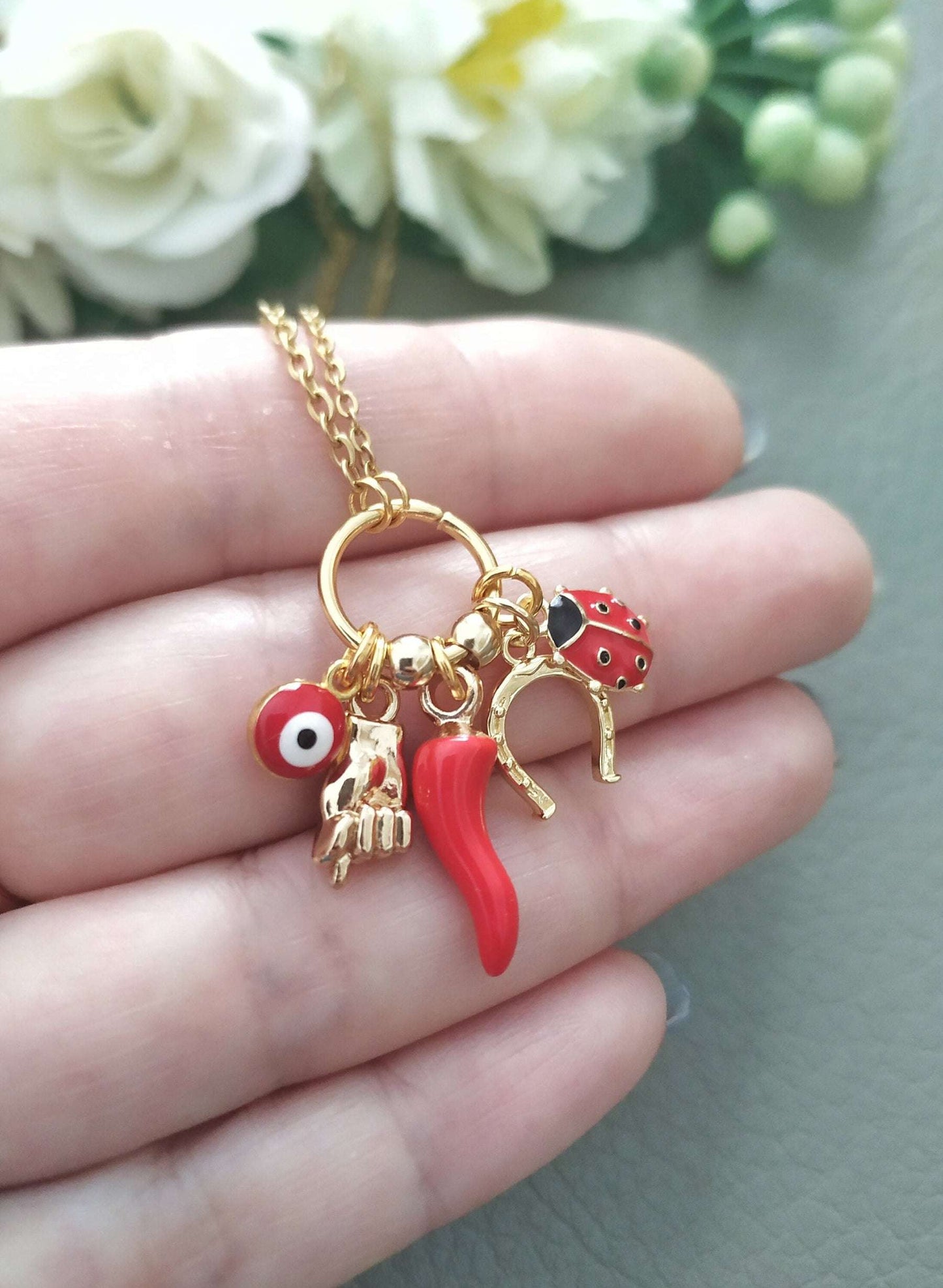 FIGA Lucky Chili Charms Necklace, red cornicello, lady bug, horseshoe good luck charms, protection jewelry