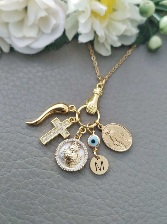 Italian Cornicello, Sacred Heart, Madonna Necklace