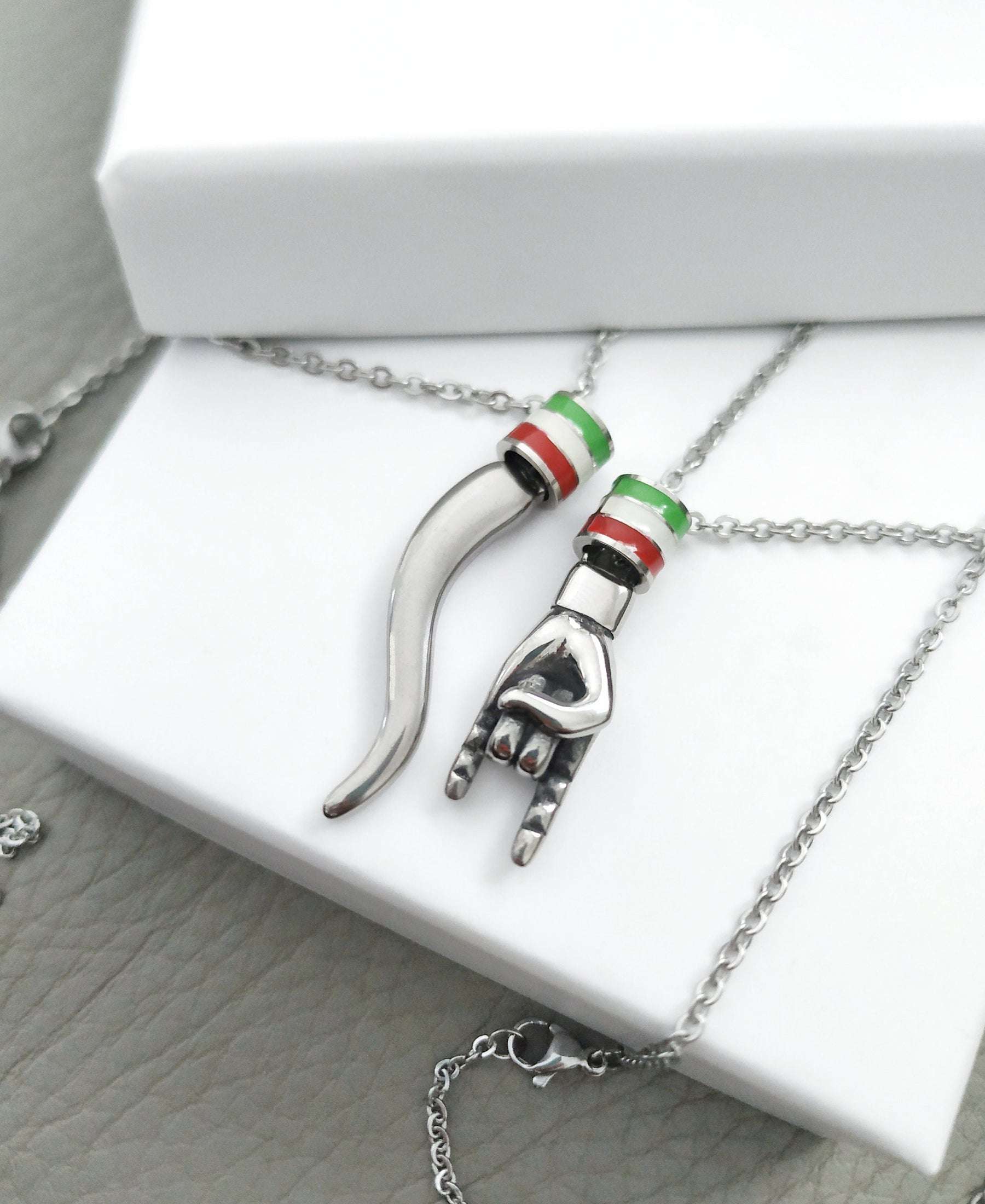 Italian Flag Necklace for Men, Large Cornicello and Mano Cornuto Pendants, Italian Pride Gifts