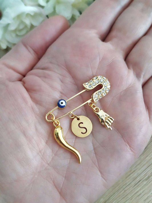 gold Italian Horn and Figa Charm Pin Brooch with initial letter