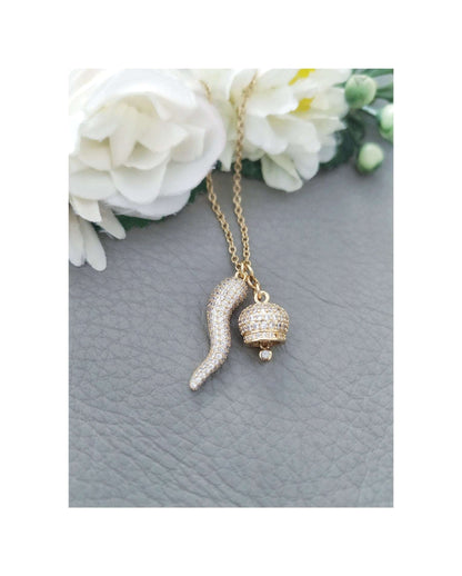 gold Italian Horn and Lucky capri Bell necklace with diamante paved pendants