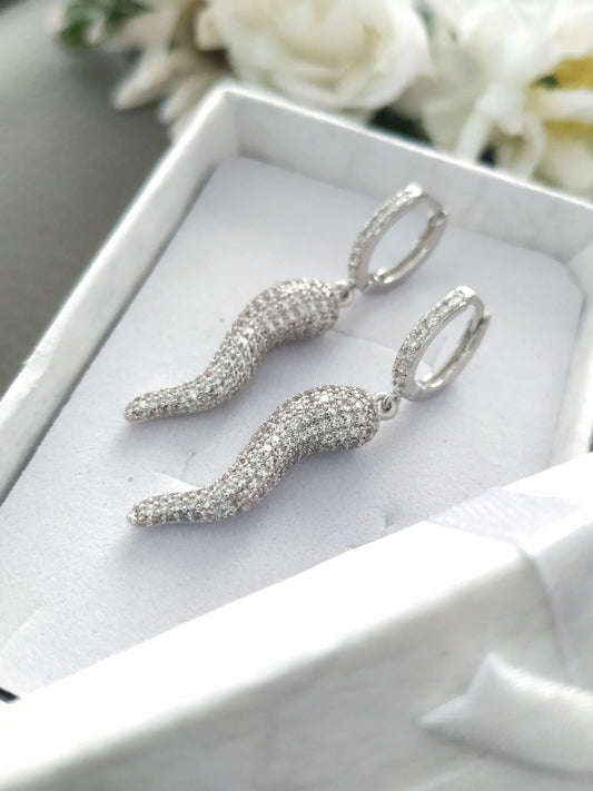 Italian horn cornicello hoops earrings gold paved with Swarovski crystals